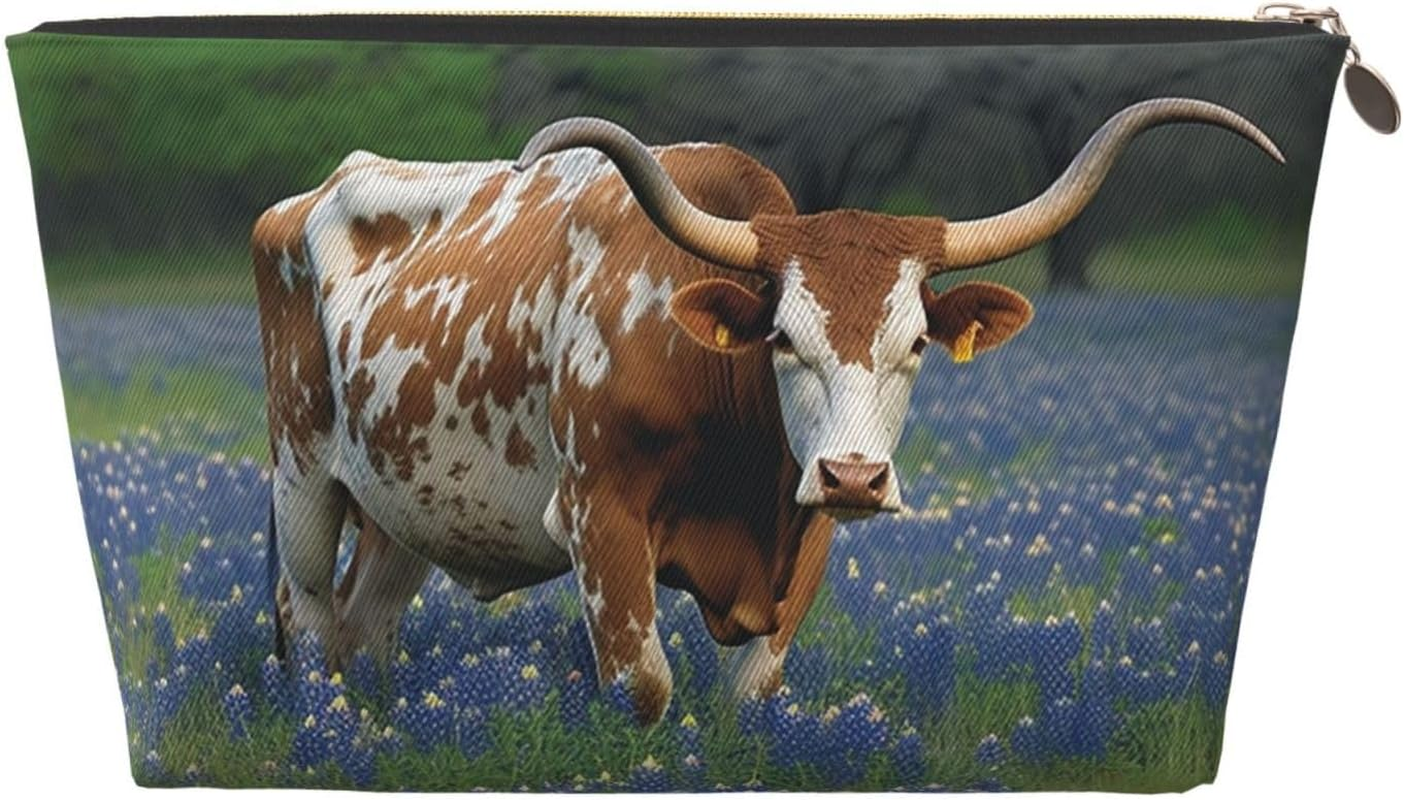 SDTYKHJ Large Capacity Makeup Bag for Women, Waterproof Portable Shaving Bag, Small Toiletry Bag Bluebonnet Longhorn Leather Cosmetic Organizer Bags for Travel, Gold, One Size