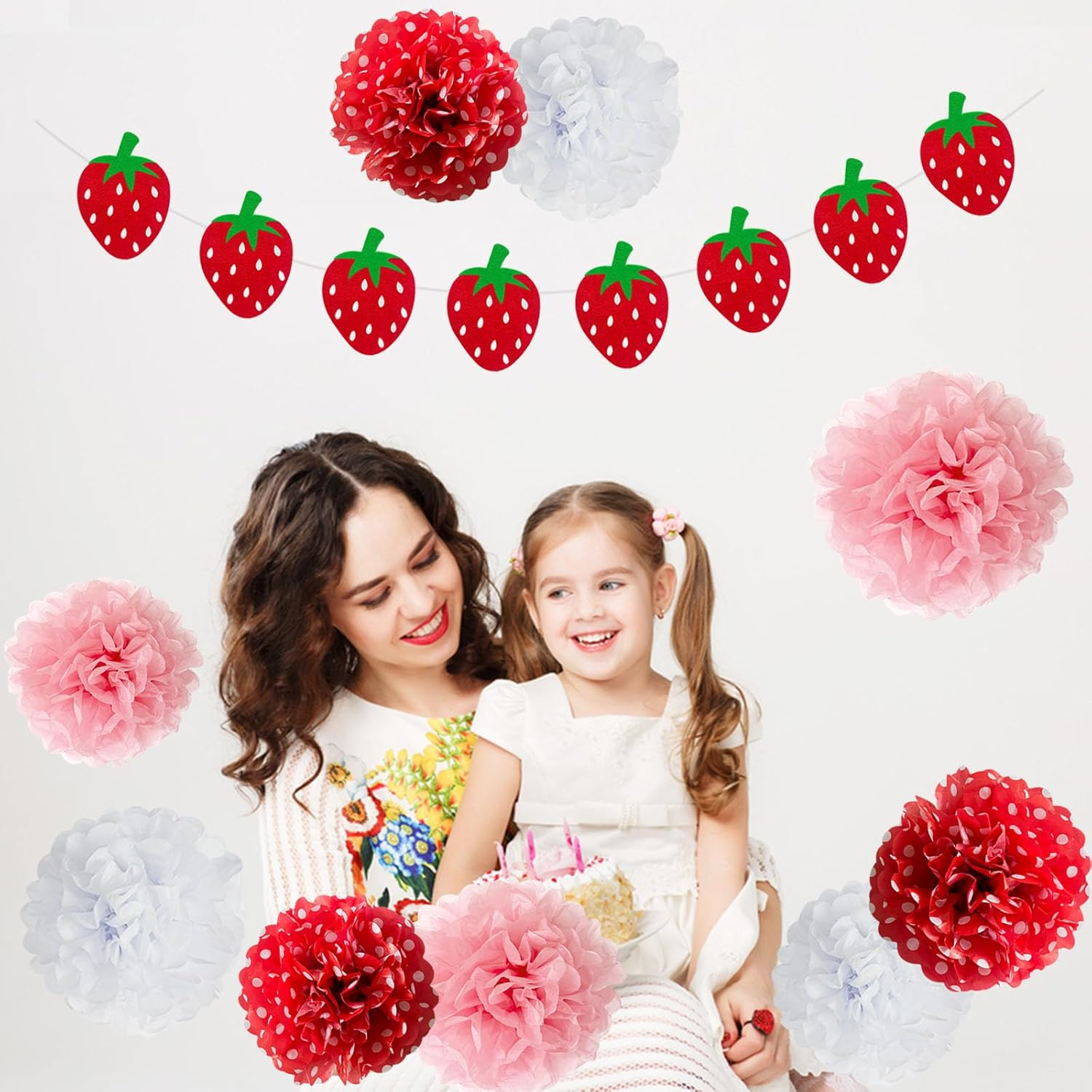 ANSOMO Strawberry Party Decorations Red Pink White Tissue Pom Poms Fans Honeycom Balls Lanterns Garland Classroom Berry Sweet Fruits 1St One Birthday Bridal Baby Shower D&eacute;cor Supplies Girls image number 1
