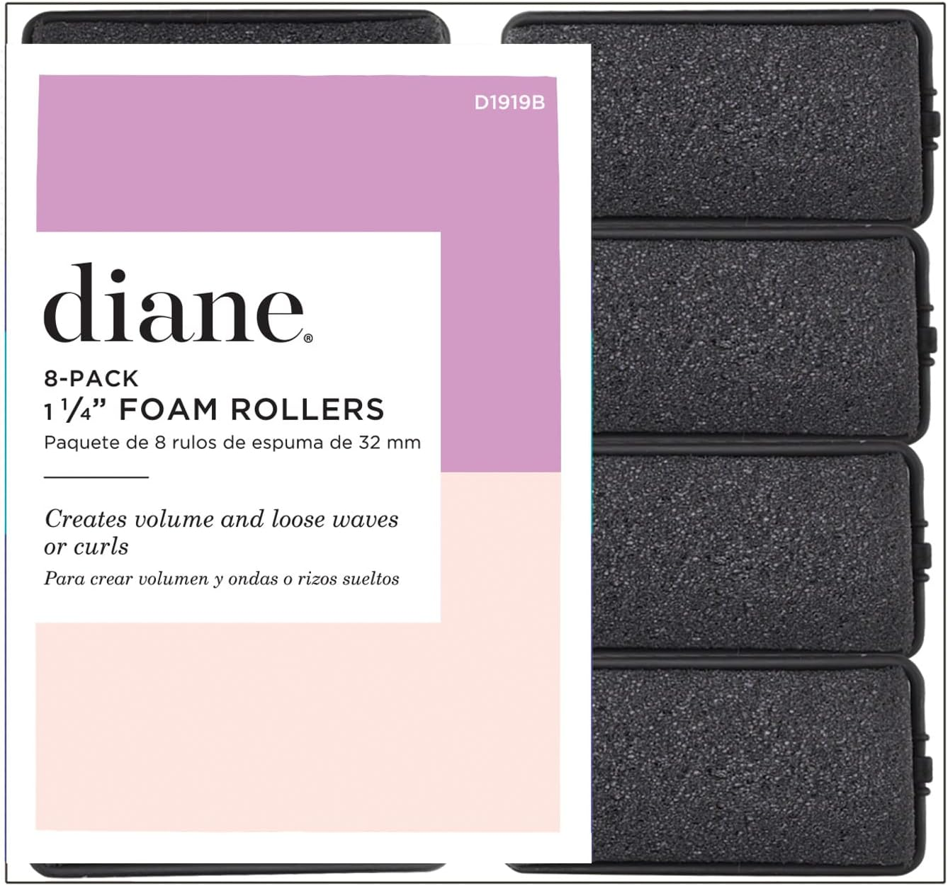 Diane Foam Hair Rollers, 1.25-Inch Diameter, Soft and Durable Foam with Snap-Lock Closure for Comfortable Styling and Long-Lasting Curls, Black, 8 Count