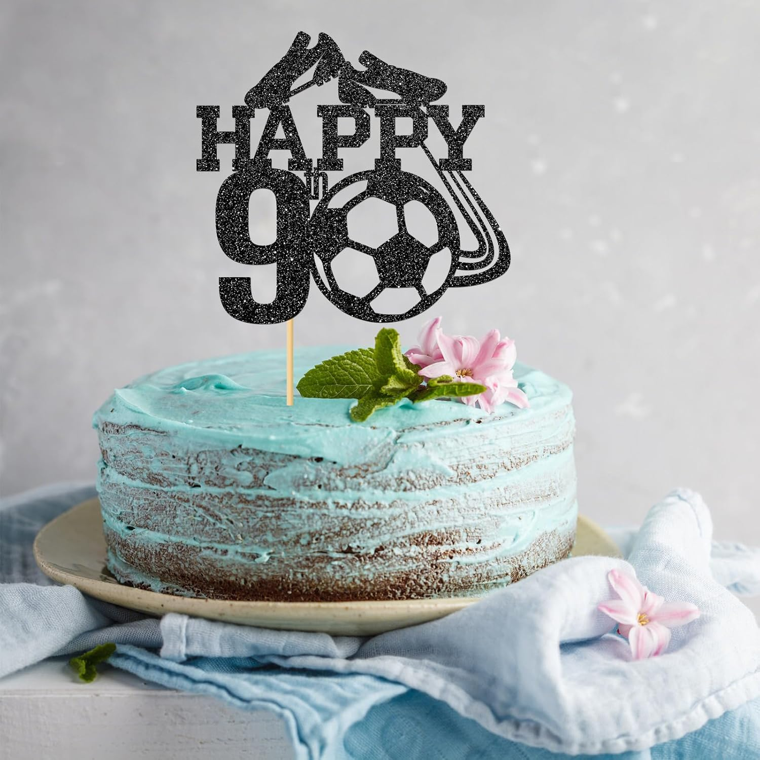 Monmon & Craft Soccer 9Th Birthday Cake Topper/Sport Theme Soccer Ball Cake Docer/Soccer Player Boy 9Th Birthday Party Decorations - Black Glitter image number 4