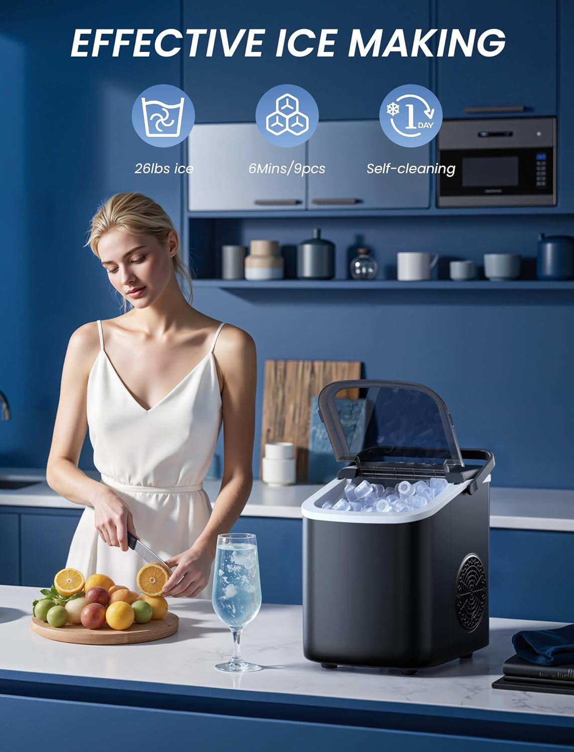 Rule Lie Ice Maker Machine - 12KG Countertop Portable Icemaker with Handle, 9 Ice Cubes Makers in 6 Mins, 26Lbs/24H, Electric Fast Freeze with Scoop and Basket for Home Kitchen Office Bar Party, Black image number 3