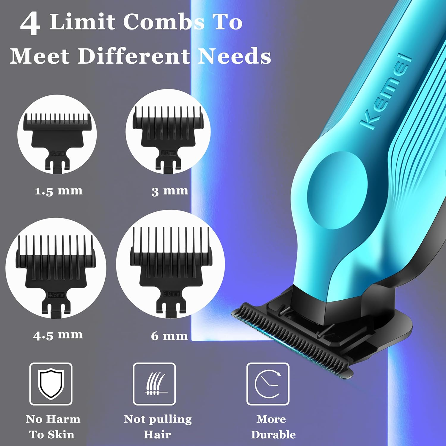 KEMEI Hair Trimmer for Men, Zero Gapped Cordless Hair Clippers Beard Trimmers with T Blade, Rechargeable Barber Clipper with LED Display, Blue image number 6