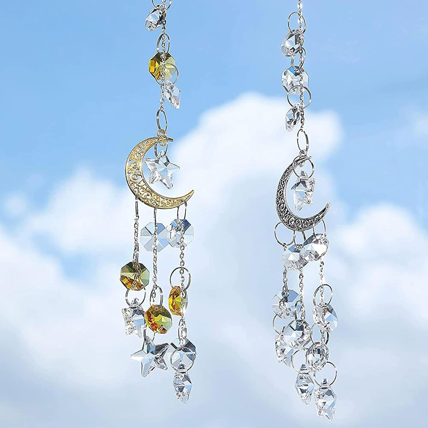 2Pcs Hanging Crystal Sun Catcher, Moon Star Crystal Prism Chain Rainbow Sun Catcher, Home Garden Windows Car Indoor Outdoor, Wedding Decoration (Gold + Silver) image number 1