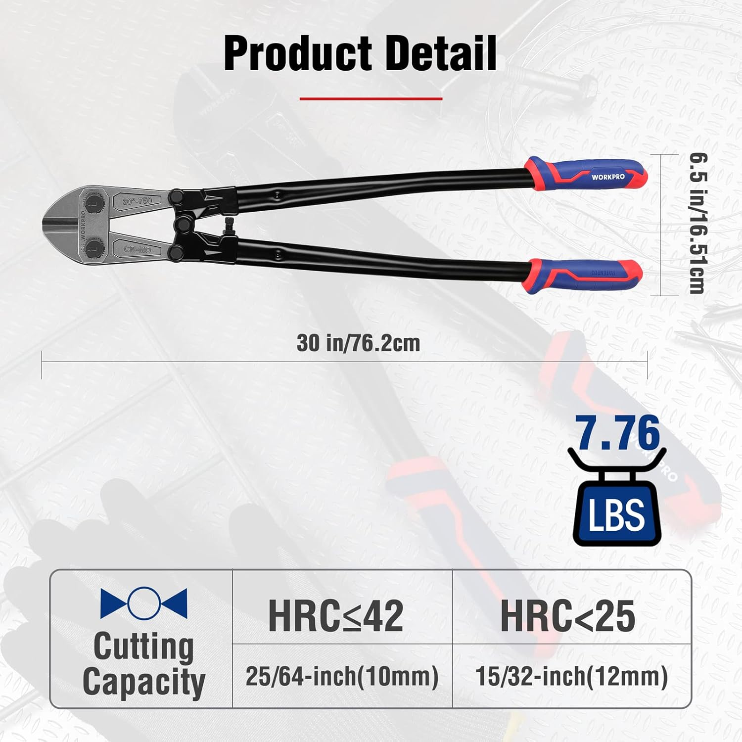 WORKPRO 30" Bolt Cutter, Chrome Molybdenum Steel Blade, Heavy Duty Bolt Cutter with Soft Rubber Grip, Cutting Tool for Cut Chain, Wire, Screw, Rivet image number 2