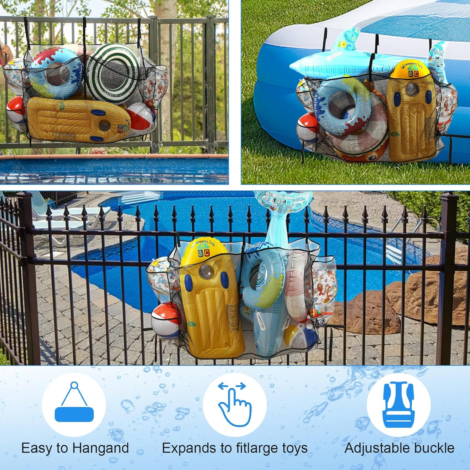 Pool Float Storage Bag,Adjustable Pool Toys Organizer Hanging Mesh Bag with 3 Side Pockets for Rafts,Balls,Floats,Inflatable Toys,High Strength Pool Toy Storage Net Bag,Swimming Pool Accessories image number 2
