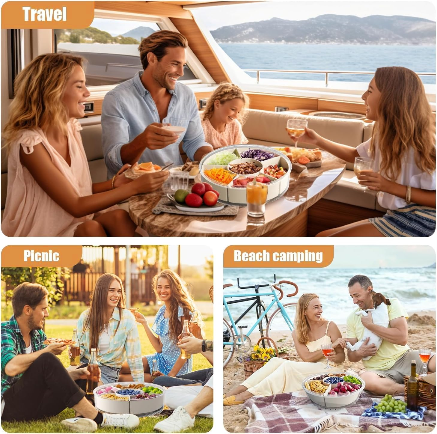 Large Divided Rotating Serving Tray with Lid & Handle, Portable Snackle Box for Fruits Snacks Veggie Charcuterie, Clear Snack Spinner Organizer & Fridge Storage Container for Picnic Travel Beach Party