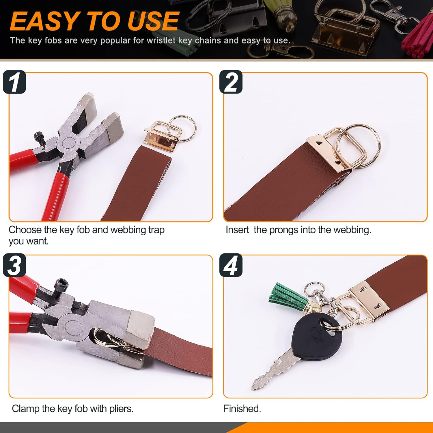 Rustark 51Pcs Key Fob Hardware with Glass Running Pliers Assortment Kit with Tassels Keychain Rings Hardware Accessories image number 5