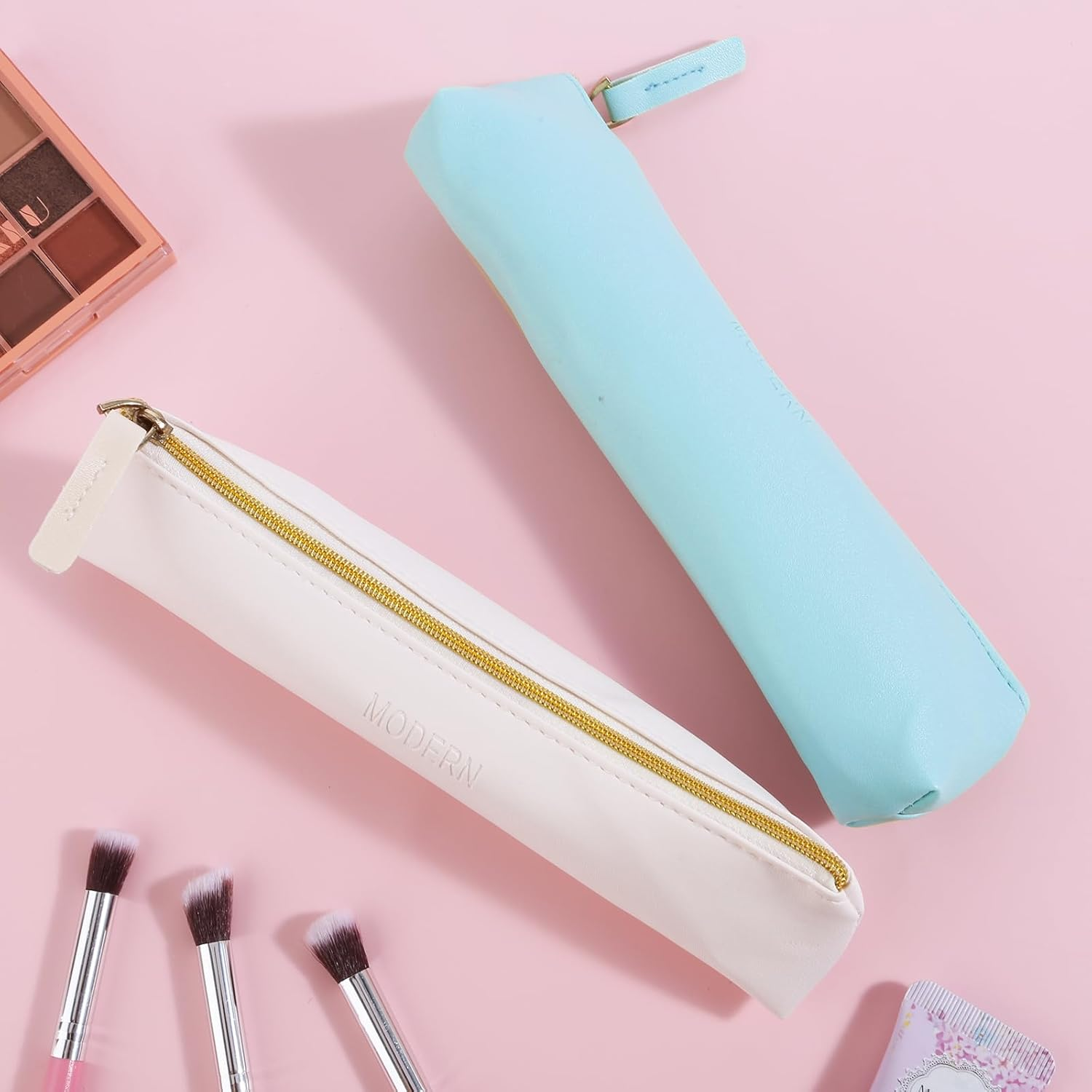 TIESOME PU Leather Pencil Case, 2PCS Cute Slim Pen Bag Small Pencil Pouch Zipper Bag Lovely Stationery Portable Cosmetic Pouch for Pen Pencils (White+Blue) image number 5