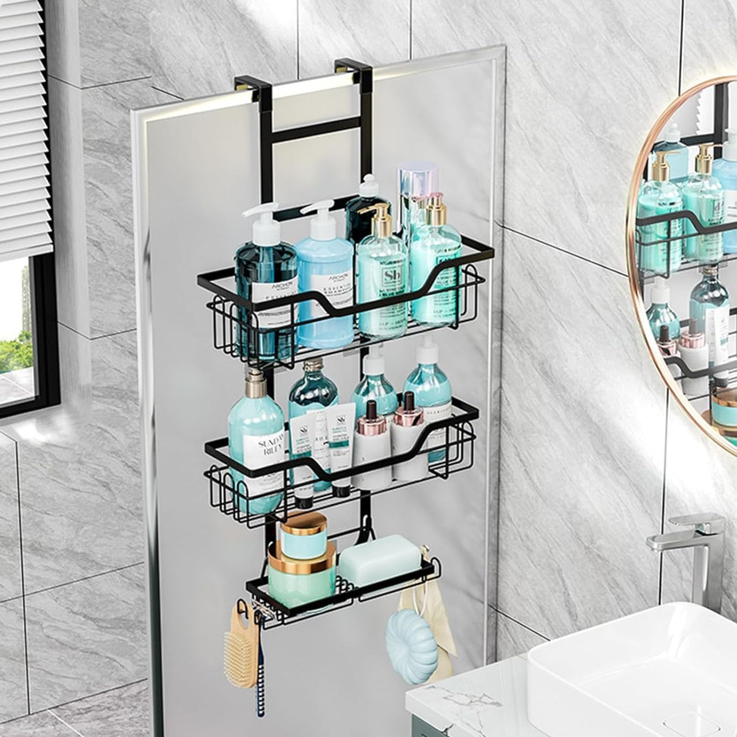 Shengsenfu Shower Caddy Hanging, Rustproof Shower Organizer, over the Shower Head Caddy Hooks for Razor/Sponge, No Drilling Bathroom Storage Shelf Rack Soap Holder, 3-Tier over the Door Shower Caddy image number 3