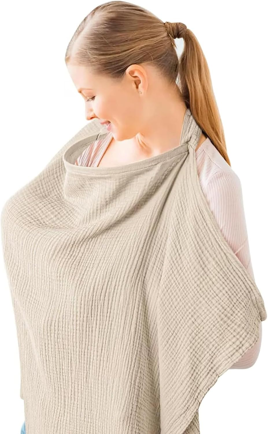 Muslin Nursing Cover for Baby Breastfeeding, Breathable Cotton Breastfeeding Covers with Rigid Hoop for Mother Nursing Apron, Multi-Use as Car Seat Canopy and Stroller Cover(Color:Khaki) image number 4
