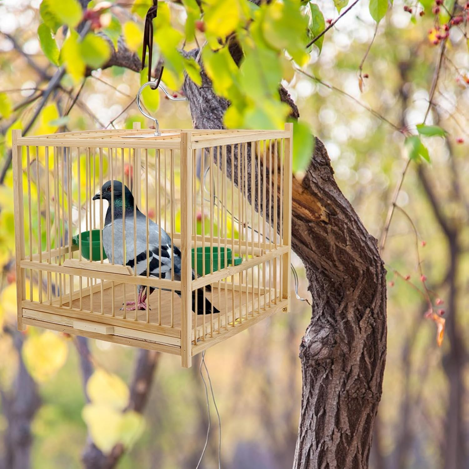 WADY 1Set Bamboo Bird Cage, Bamboo Handmade Boutique Birdcage, with Feeder Plastic Hanging Bird House Carrier, Small Parrot Cage Budgie Lovebird Cockatiel Carrier for Tray and Handle image number 6