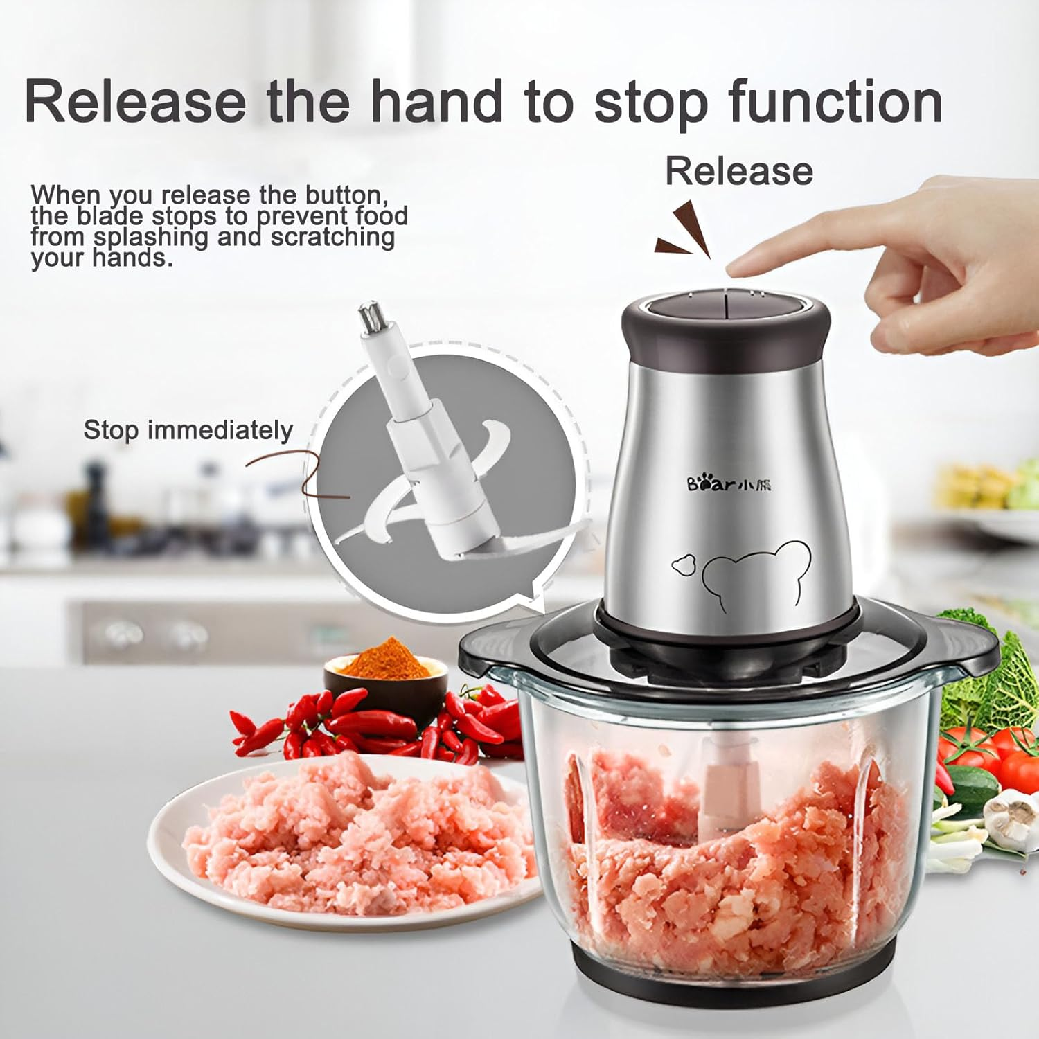 Food Processors, Electric Chopper with Meat Grinder & Veggie Choppe, 2L Glass Bowl & 4 Sharp Blades 2 Speed for Meat Grinder Vegetable Kitchen Cutter