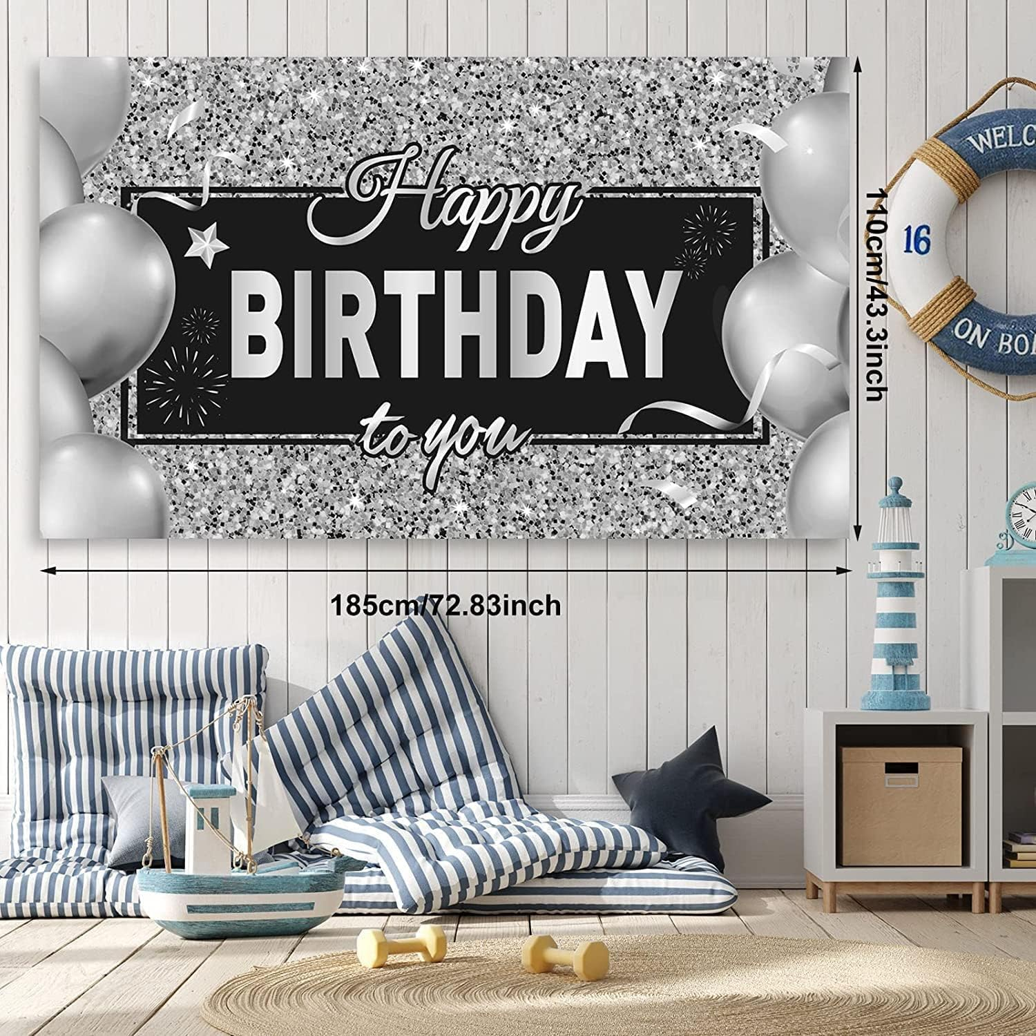 Silver Happy Birthday Banner Backdrop Silver Birthday Party Decorations Black White Balloons Happy Birthday Background Photo Photography Banner for Men Women Birthday Supplies, 72.8 X 43.3 Inch image number 5
