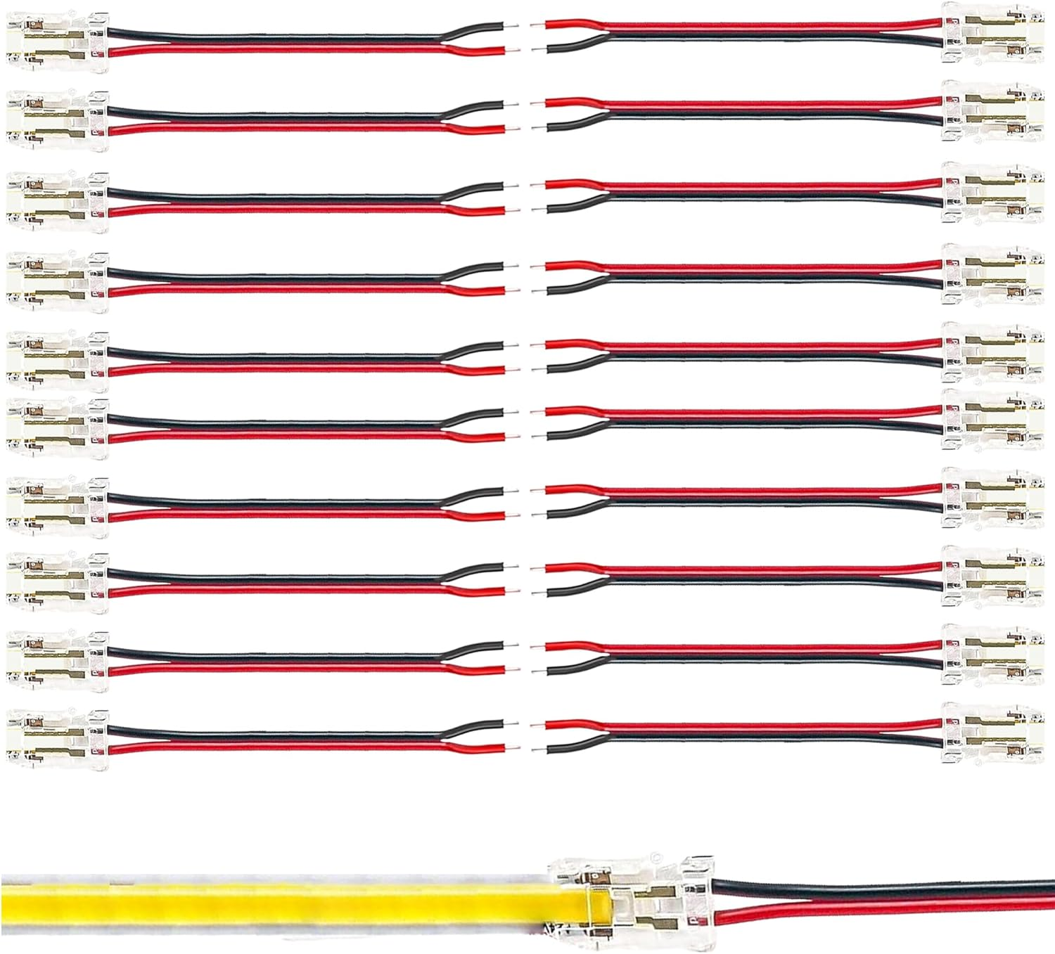 Clearhill 8Mm 2Pin 20Pcs Press-In Assembly COB Led Strip Connectors,Ultra Slim,Strip to Wire Connectors + 10Cm Cable for Single Color 5V/12V/24V Light Strips,Transparent Terminal,Safe Connection.