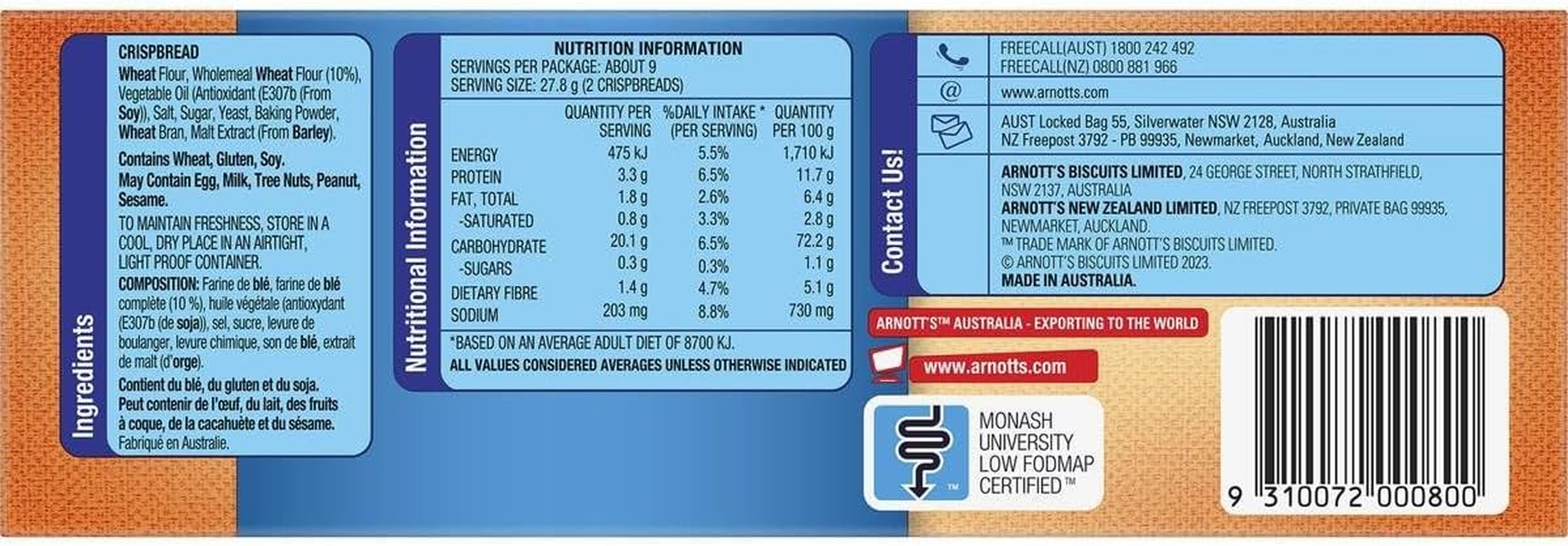 Arnott'S Salada Wholemeal Crispbreads 250 G image number 5
