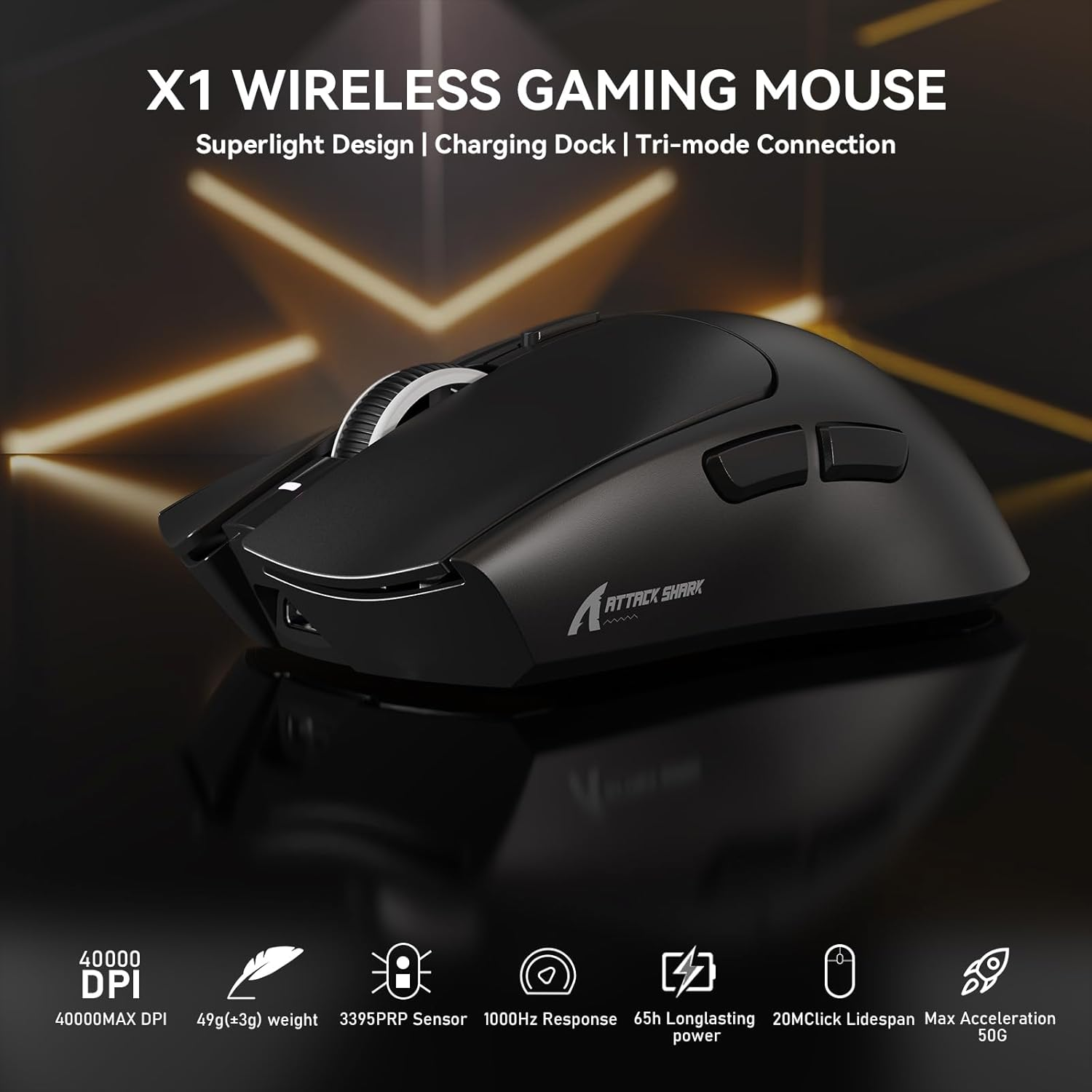 ATTACK SHARK X1 Superlight Wireless Gaming Mouse with RGB Magnetic Charging Dock, BT/2.4G/USB-C Wired Gaming Mouse, PAW3395PRO Sensor, 40000DPI, Office Mice for PC, Mac, PS5, Xbox - Black - Red image number 7