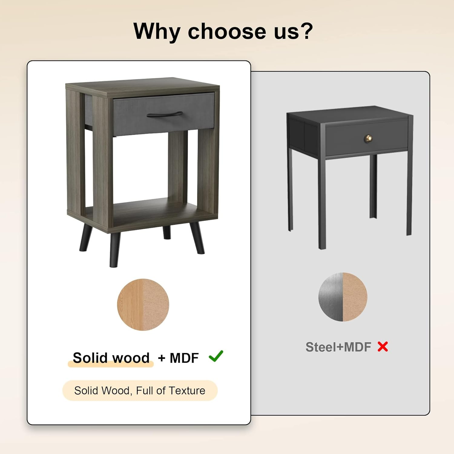 GYIIYUO Nightstands Set of 2 with Black Fabric Storage Drawer and Open Wood Shelf, Side Table with Storage for Bedroom, Bedside Tables - Gray 23.7" H