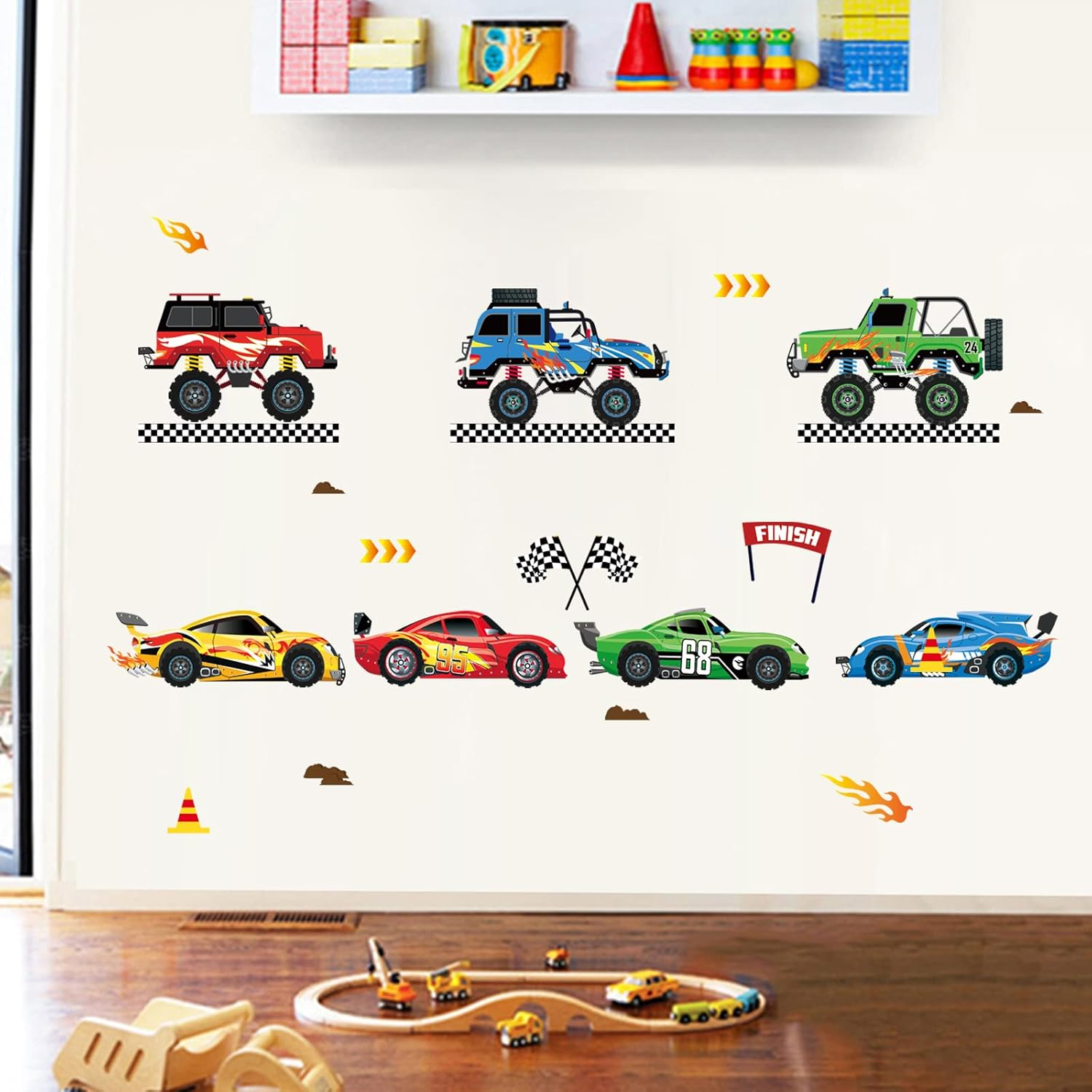 Decalmile Racing Cars Wall Decals Roads Vehicles Wall Stickers Kids Boys Bedroom Toddles Playroom Wall Decor Gift image number 2