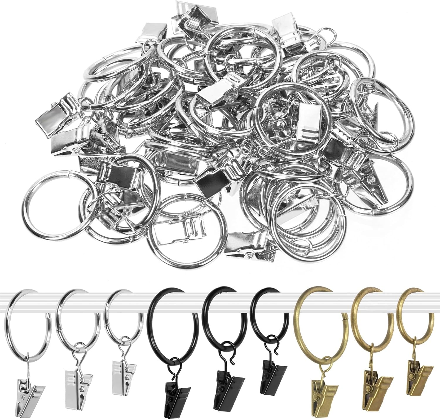 Swpeet 40 Pack Silver Curtain Rings with Clips, Curtain Clip Rings Hooks, Bow Hanger Clips, Hangers Drapes Rings for Hanging Drapery Drapes Bows, Ring 1.38" Interior Diameter, Fits up to 1" Rod