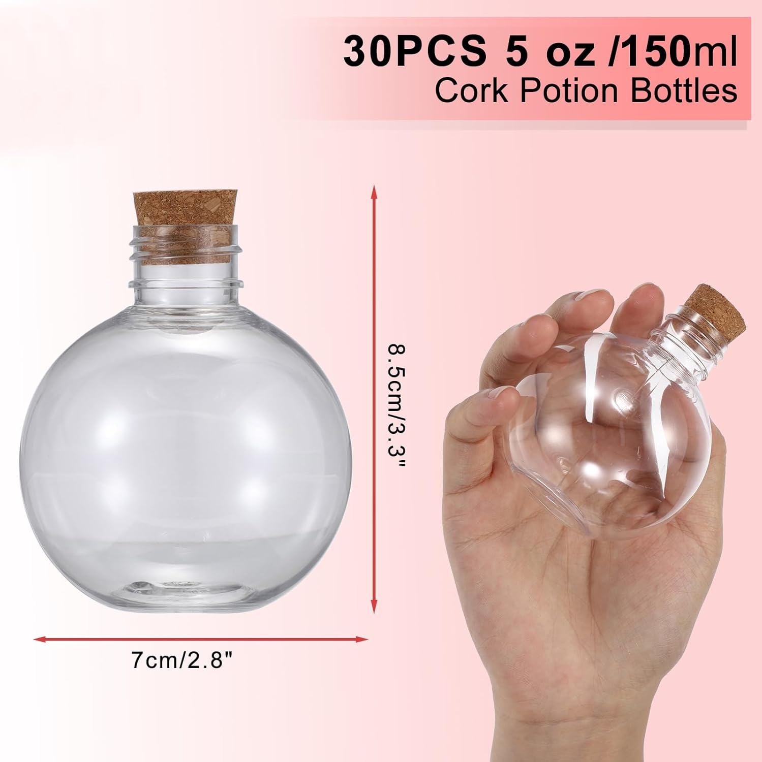 Ownmy 30PCS 5 Oz Plastic Potion Bottles with Corks, Small Empty Bottles for Drinks Wedding Party Favors, Halloween Potion Cork Jars Spell Jars for Witchcraft, Clear Sand Art Bottle for DIY Gift Crafts image number 1