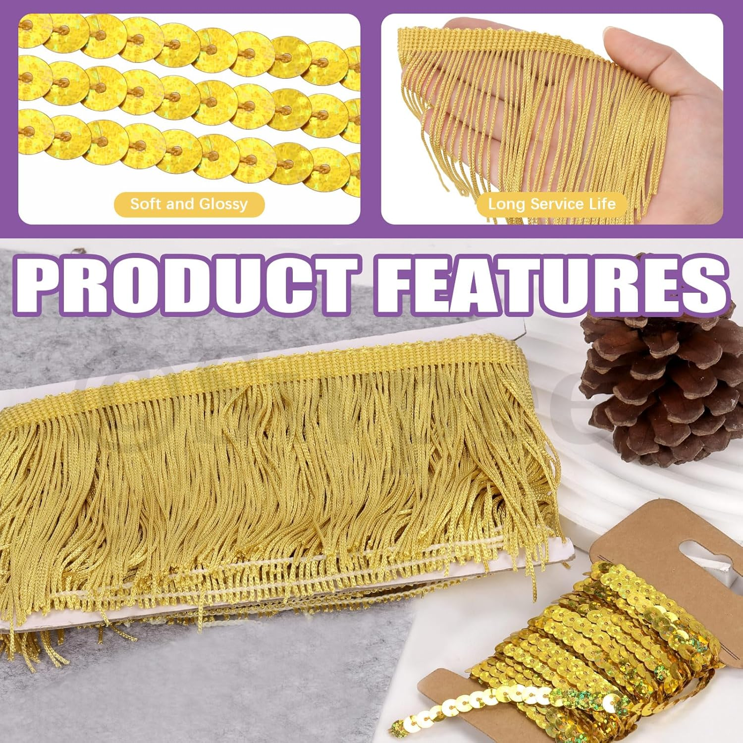 Swpeet 5 Yard &times; 4 Inch Golden Polyester Fringe with Sequin Trim, Fabric Fringe, Chainette Trim, Tassel, Sewing Fringe Trim for Latin Dress, Wedding, Party Decorations - Black image number 4