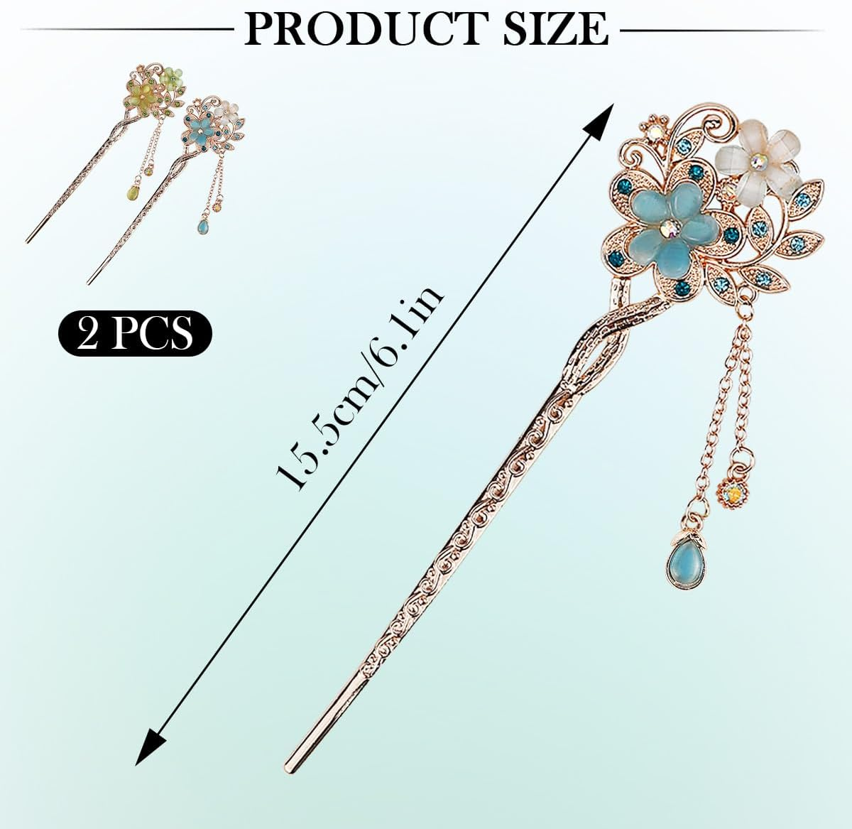 FERCAISH Pack of 2 Metal Opal Flower Hair Sticks, Vintage Hair Stick, Chinese Hair Pins, Elegant Hair Stick, Suitable for Prom, Party, Daily Life (Blue, Green) image number 5
