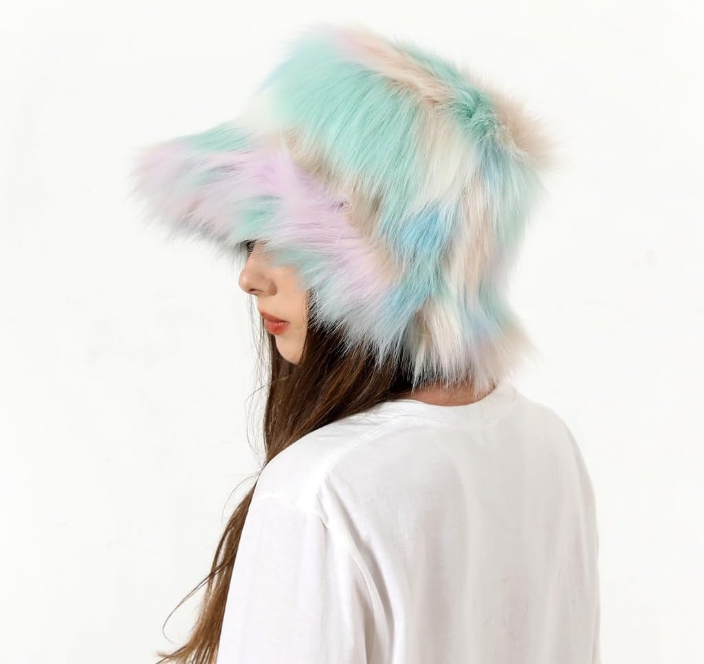 Tngan Rainbow Bucket Hat for Women Cute Faux Fur Fisherman Hat Fuzzy Winter Warm Cap Fluffy Hat for Outdoor Activities image number 2
