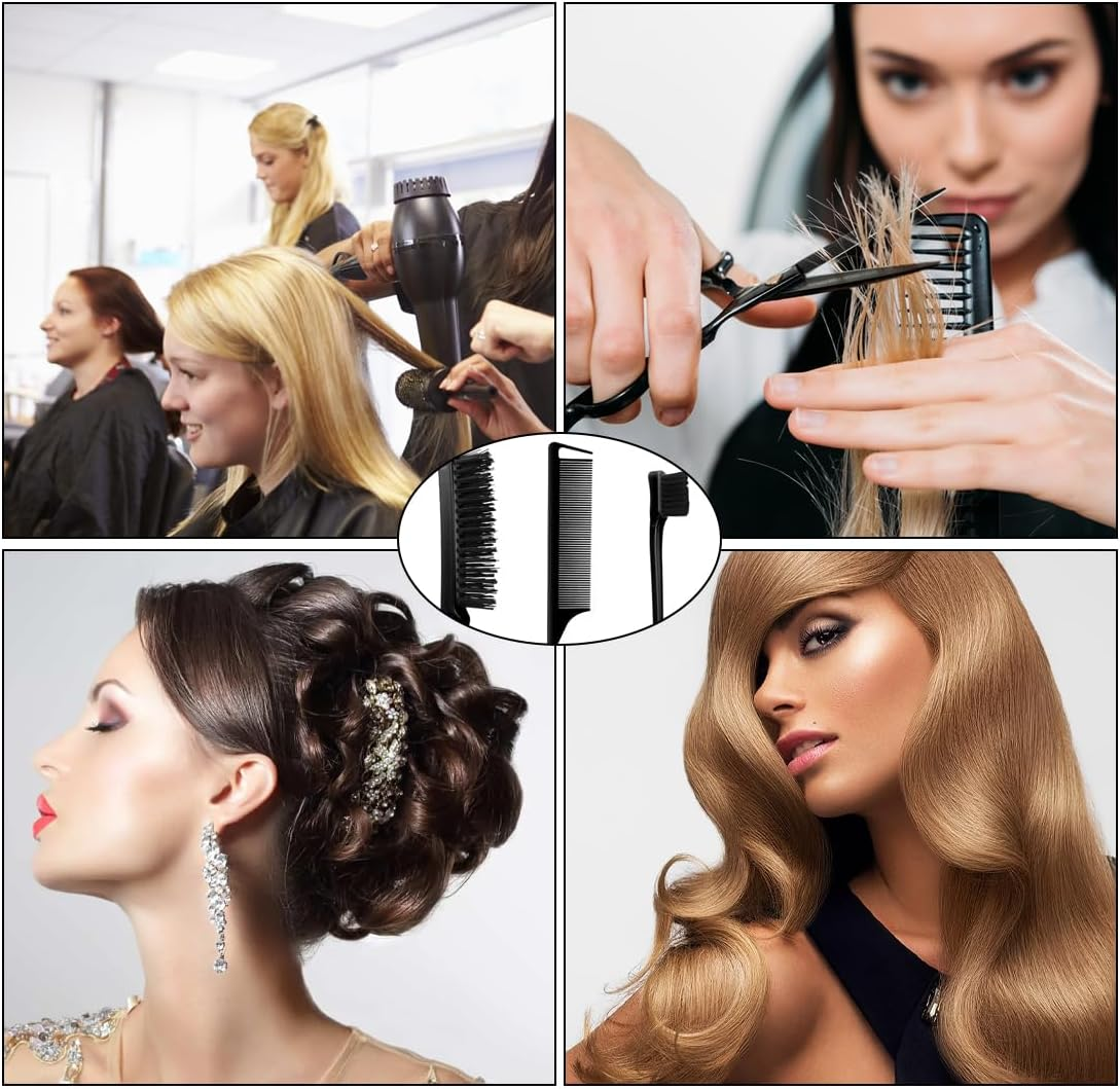 JRYXDS Sleek Bun Brush Set Double Edge Brush Rat Tail Comb Bristles Haircut Hair Comb for Hairdresser Women Baby Children (Black) image number 1