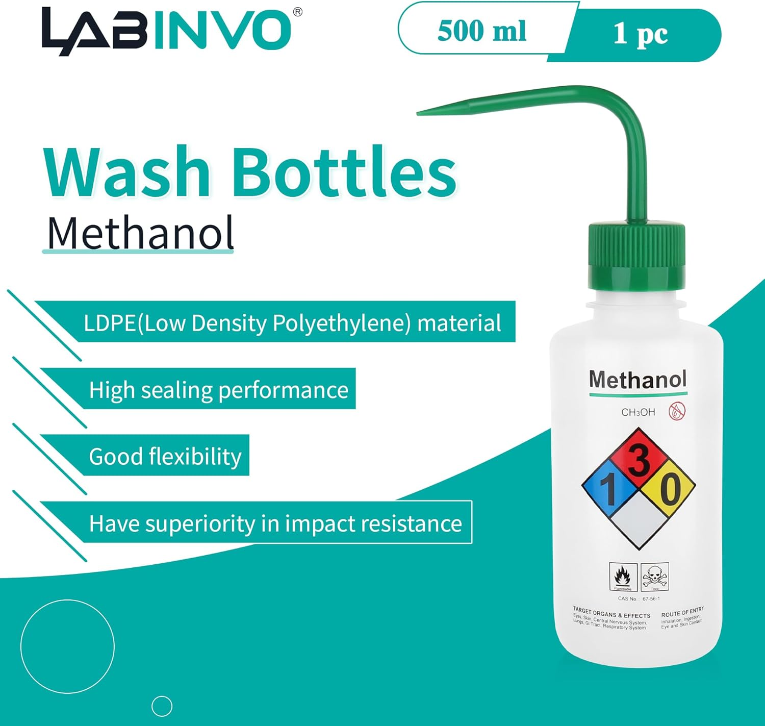 LABINVO Self-Venting Safety Wash Bottles(Methanol), Pack of 1, with Chemical Name,.Vol.500Ml,Ldpe Material,Cap in Green Color.In-Wbm501 - Distilled Water Wash Bottles,1Pc image number 6