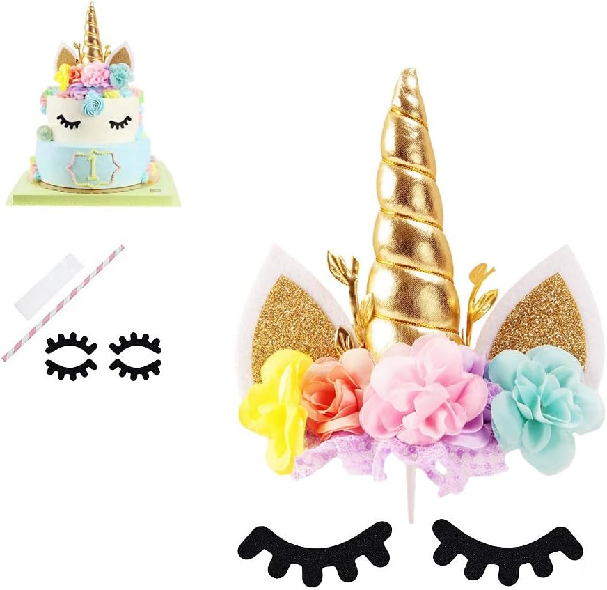 Nishine Rose Floral Unicorn Cake Topper Birthday Party Cake Decoration (Pink&Ivory)