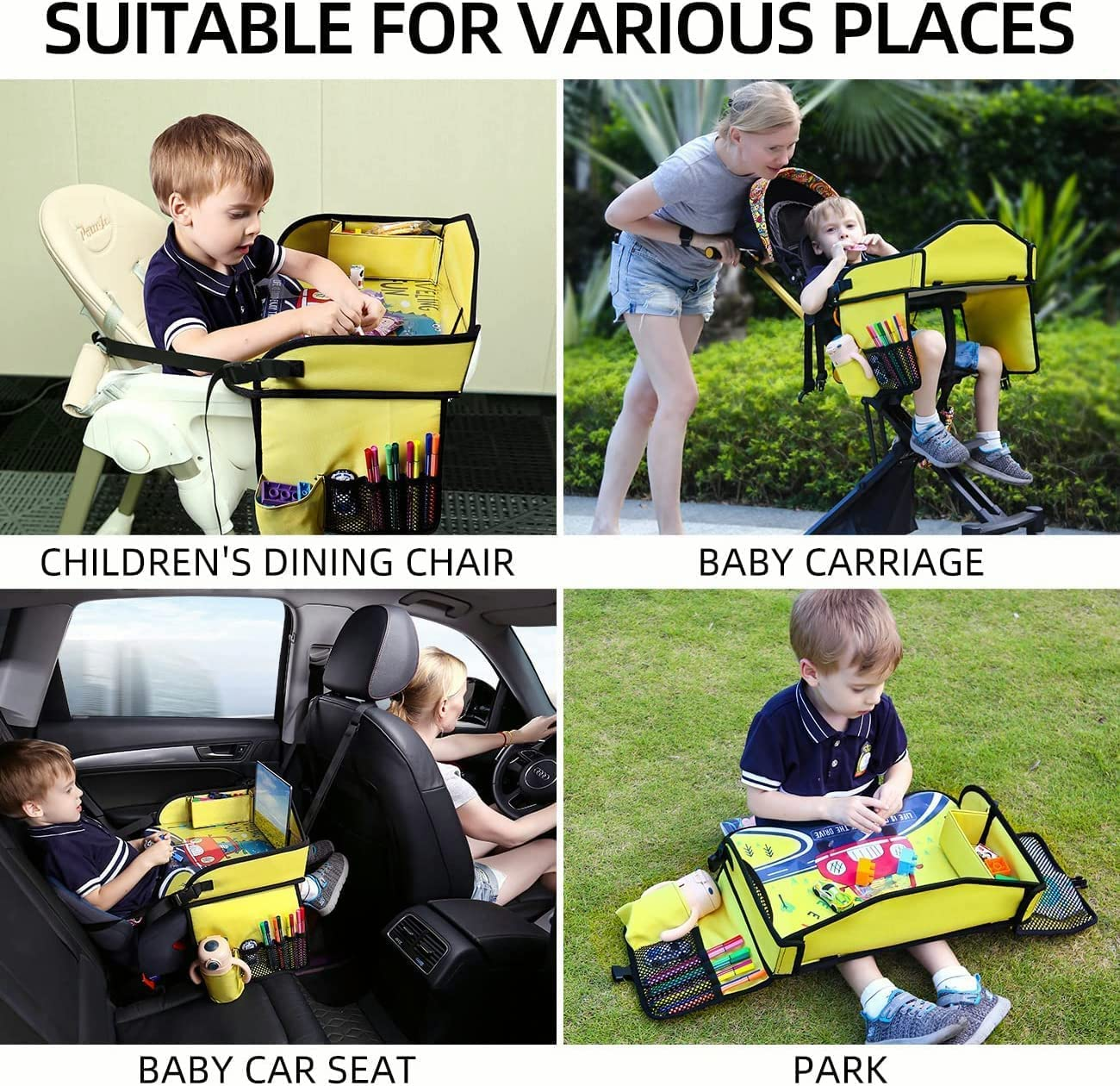 Kids Travel Tray for Toddler Car Seat, Toddler Car Seat Tray Organizer, Large Ipad Holder Road Trip Essential, Soft Padding, Waterproof, Food & Snack Lap Tray Carseat, Stroller (Yellow) image number 3