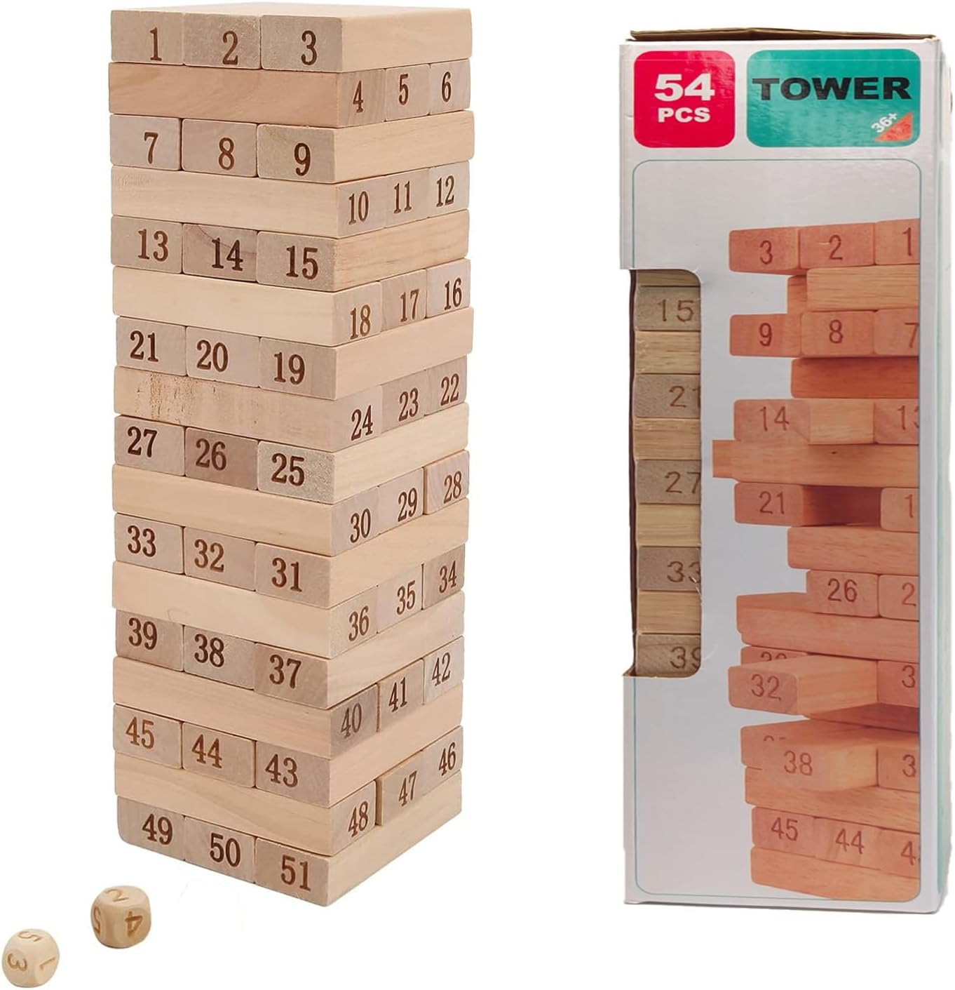 Cawtiuly 54Pcs Wooden Blocks Stacking Tumbling Tower Game, Colorful Tower Building Blocks for Kids Adults Family, Classic Block Stacking Board Games for Indoor Outdoor Party Night Toy Games (Colorful)