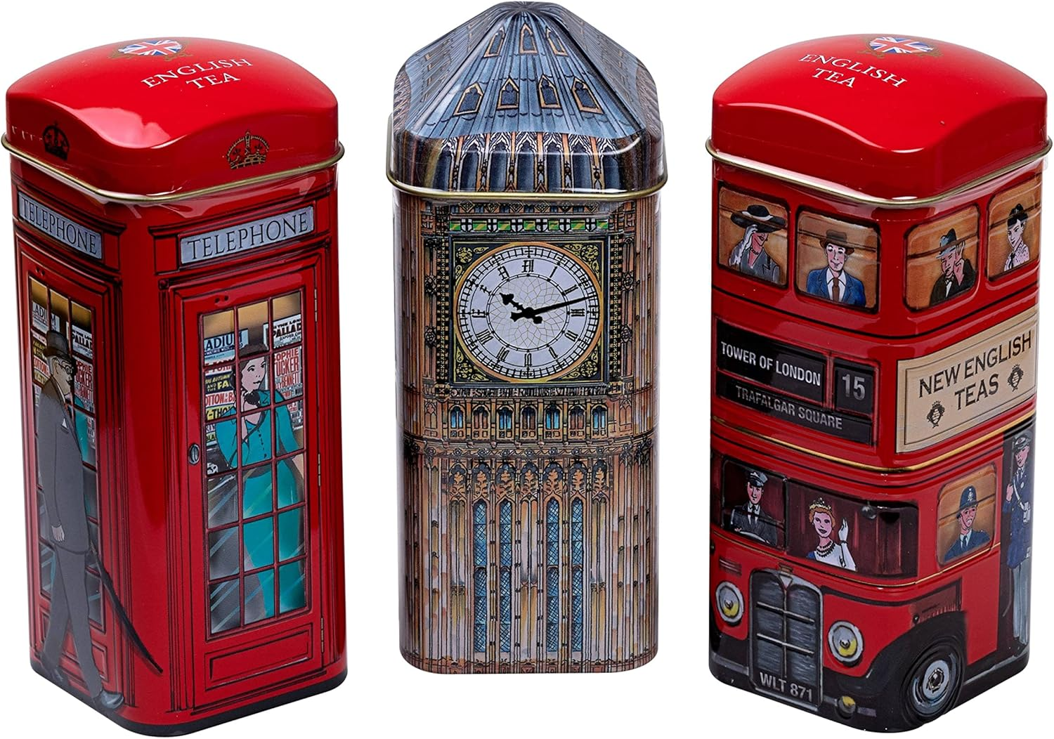 New English Teas British Souvenir 3X Tea Tins with 42 English Breakfast Teabags - Big Ben, London Bus, Telephone Box, UK Foods image number 2