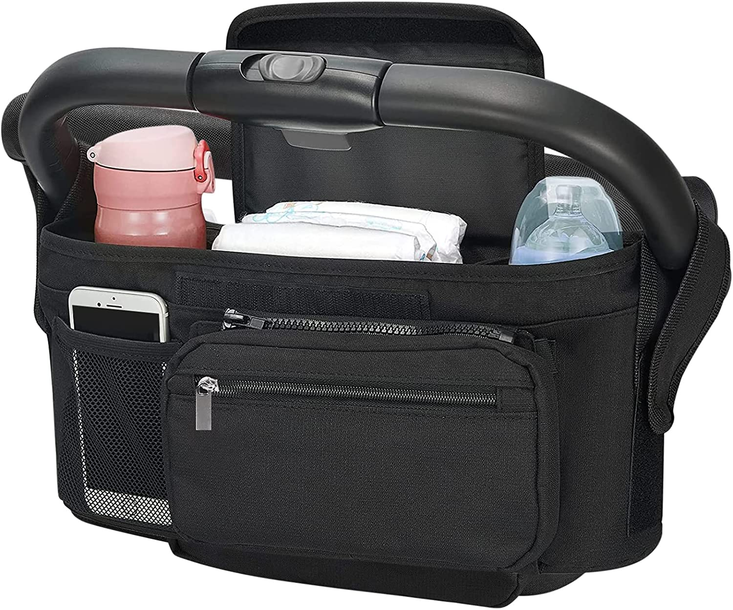 Universal Pram Organiser Bag Large Stroller Organiser with Cup Holders and Shoulder Straps, Stroller Accessories for Diapers Toys & Snacks image number 5