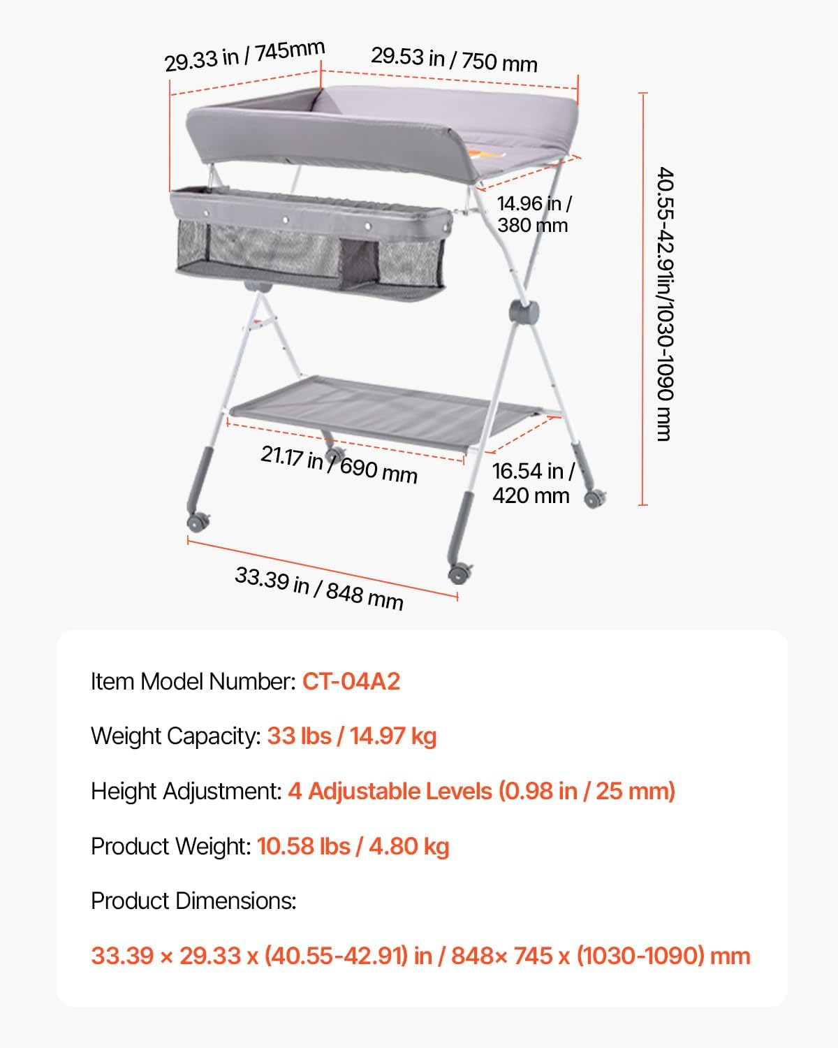VEVOR Baby Changing Table, Foldable Diaper Change Station with Side Basket, Adjustable Height Portable Changing Table with Lockable Wheels, Multi-Functional Storage Organizer Nursery, Light Gray