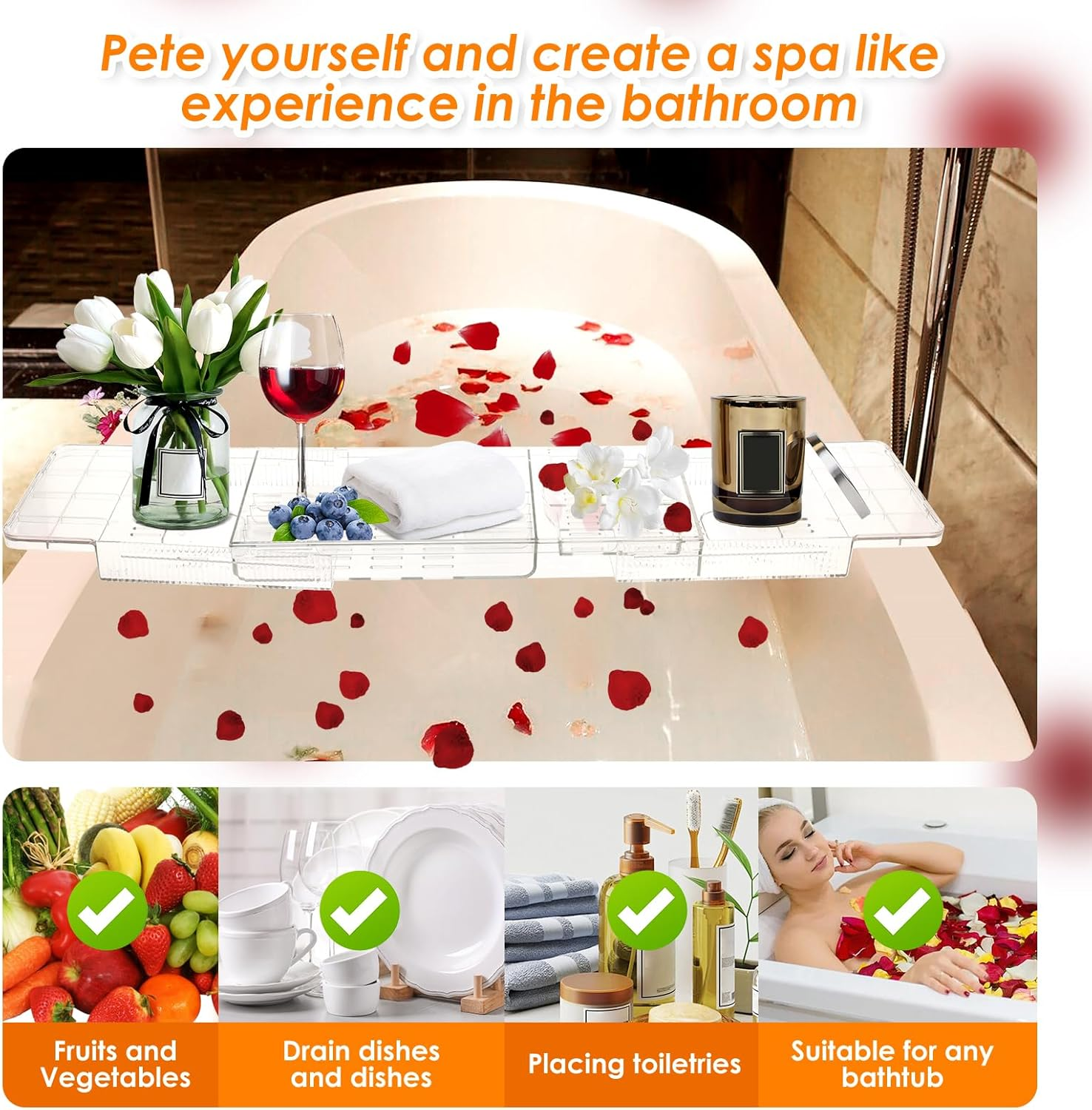 Expandable Bathtub Caddy Tray 56.5Cm to 80.5Cm Adjustable Length Clear Bathtub Tray Plastic Drain Bath Shelf Caddy Adjustable Plastic Bathtub Caddy Bathroom Tray Bathtub Accessories image number 5