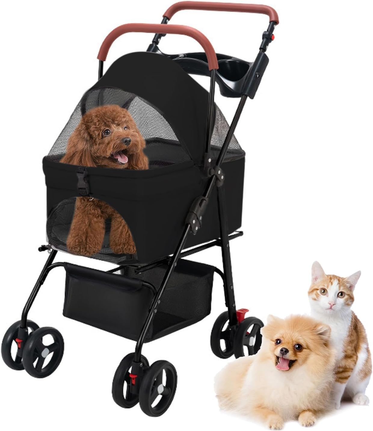 Pet Stroller-Folding 4 Wheels Cat/Dog Stroller for Medium Small Pets with Storage Basket and Cup Holder Suitable for Going Out and Traveling (Black)