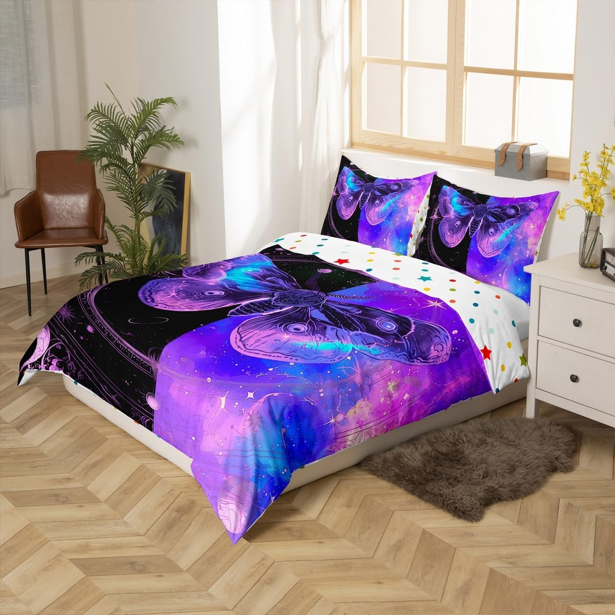 Homewish Goth Moth Duvet Cover Set, Purple Galaxy, 135 X 200 Cm Bed Linen Sets, Rustic Aesthetic Animal Comforter Cover, Bohemian Sun and Moon Bed Set, Boho Bedroom Decor image number 4