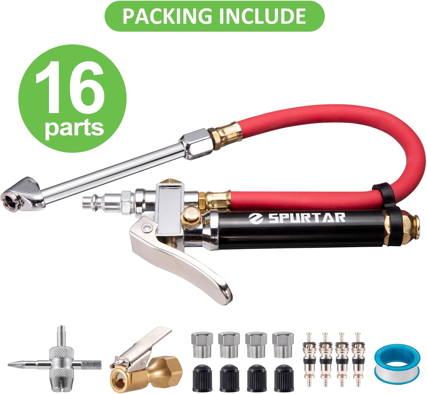 Spurtar 10-120 PSI Car Tire Inflator Gauge with 4 Way Tool and Valve Cores Automobiles Tire Pressure Gun with 12" Hose for Truck Motorcycle Bicycle image number 2