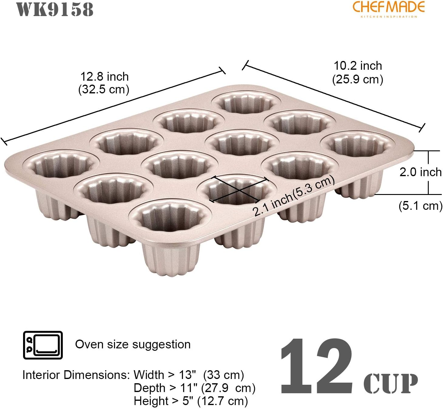 CHEFMADE Canele Mold Cake Pan, 12-Cavity Non-Stick Canele Muffin Bakeware Cupcake Pan for Oven Baking (Champagne Gold) image number 5
