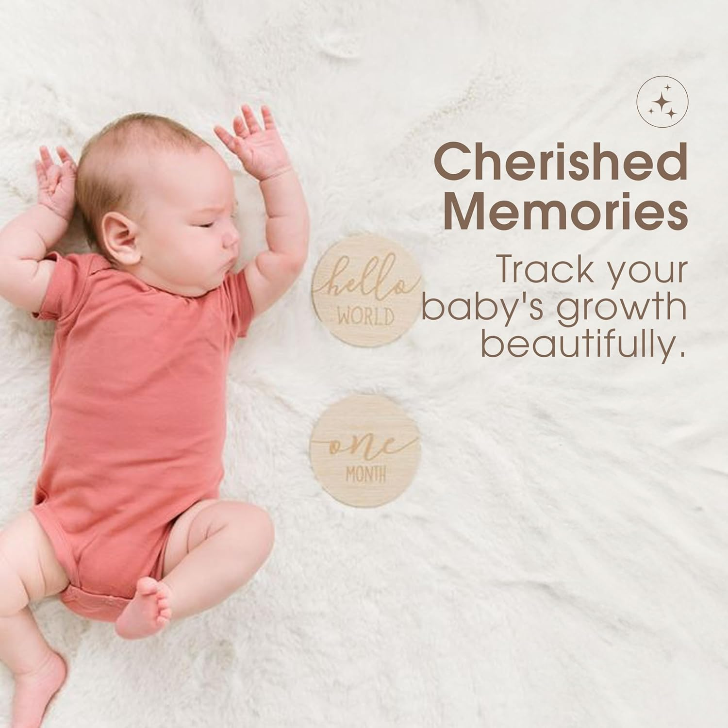 Pearhead Wooden Monthly Milestone Photo Cards - 7 Double-Sided Engraved Discs for Baby Announcement and Milestones, Gender-Neutral Photo Props for Newborn Boy and Girl, Light Wood image number 6