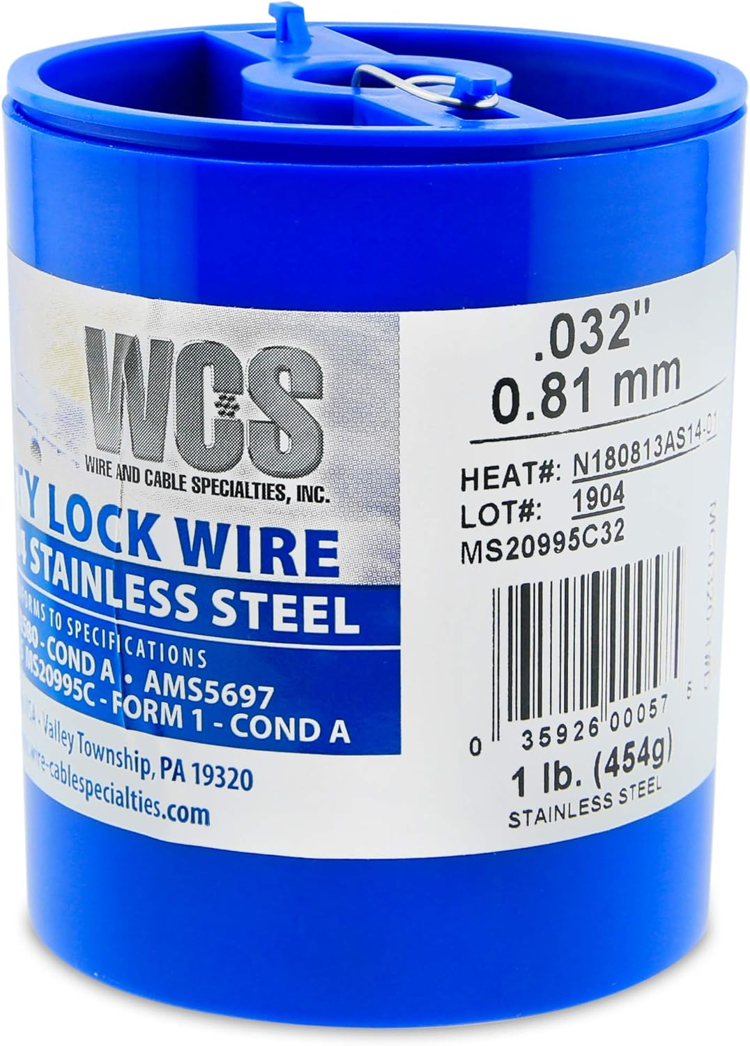 Lock Wire, T302/304 Stainless, NASM20995, MS20995C, ASTM A580 Cond A, AMS5697.032 in (0.81 Mm), 1 Lb (0.45 Kg) Dispenser Can, Approx. 362 Ft (110 M)
