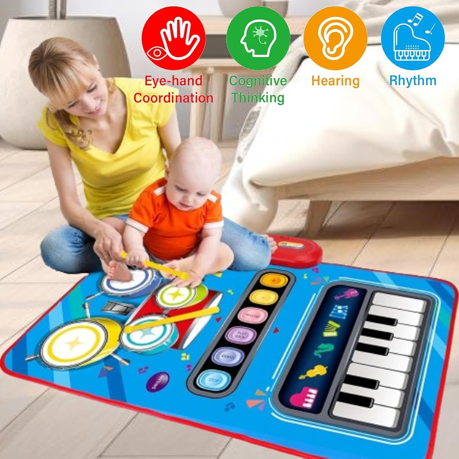 Musical Mat & Piano Keyboard & Drum 2 in 1 Floor Music Play Mat with 6 Instrument Sounds, Education Learning Toys Gifts for 3 Year Old Kids Girls Boys image number 1