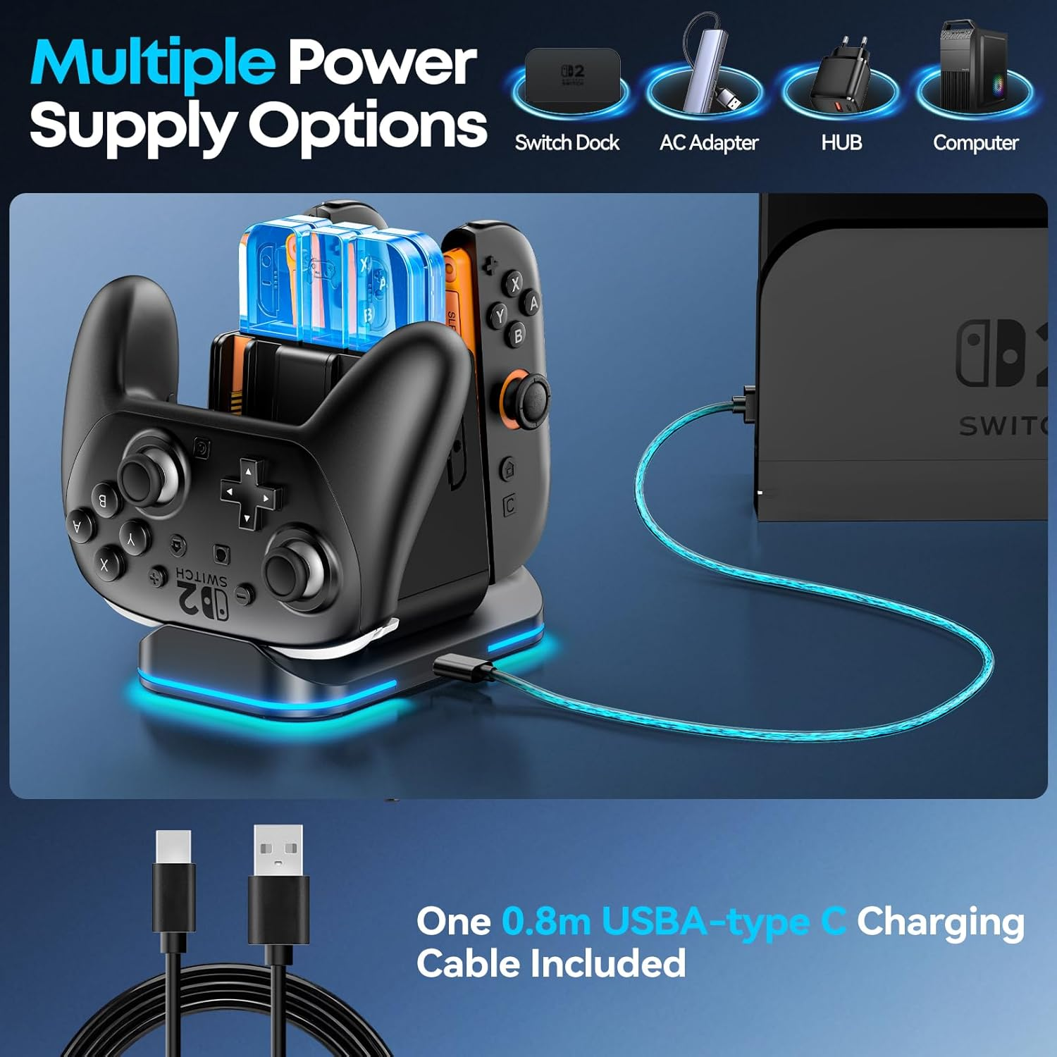 Switch Controller Charger for Joycon 2/1 & Pro 2/1 Controller, Switch Charging Dock with 9 RGB Light Modes, 6 in 1 Joycon Charger Dock for 4 Joycons and 2 Pro Controllers with LED Indicator image number 6