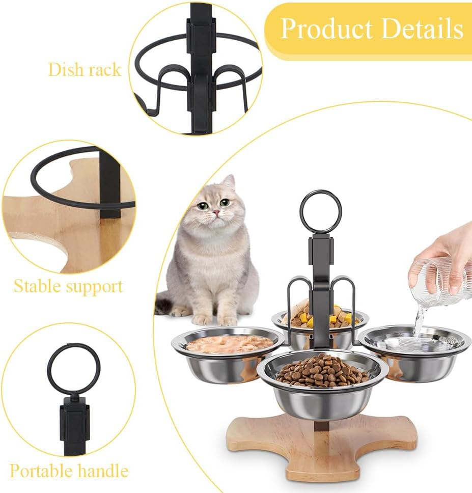 Elevated Cat Bowls,Raised Pets Food Bowls,Adjustable Pet Bowls, with Stand,Bamboo Base and 4 Stainless Steel Bowls,For Indoor Cats, Puppy Small Dogs Food and Water image number 6