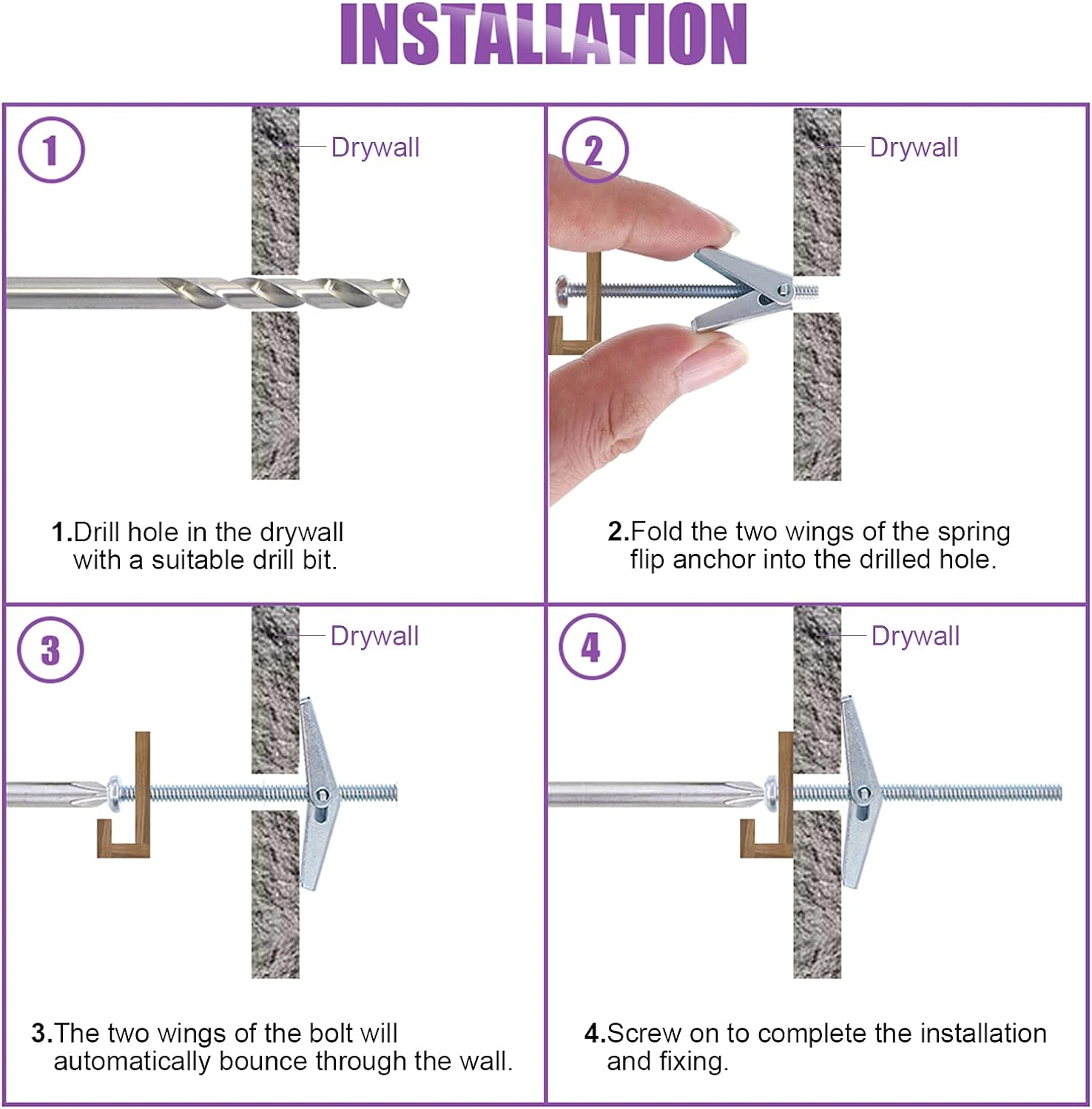 Swpeet Toggle Bolt and Wing Nut Kit for Hanging Heavy Items on Drywall (60PCS) image number 5