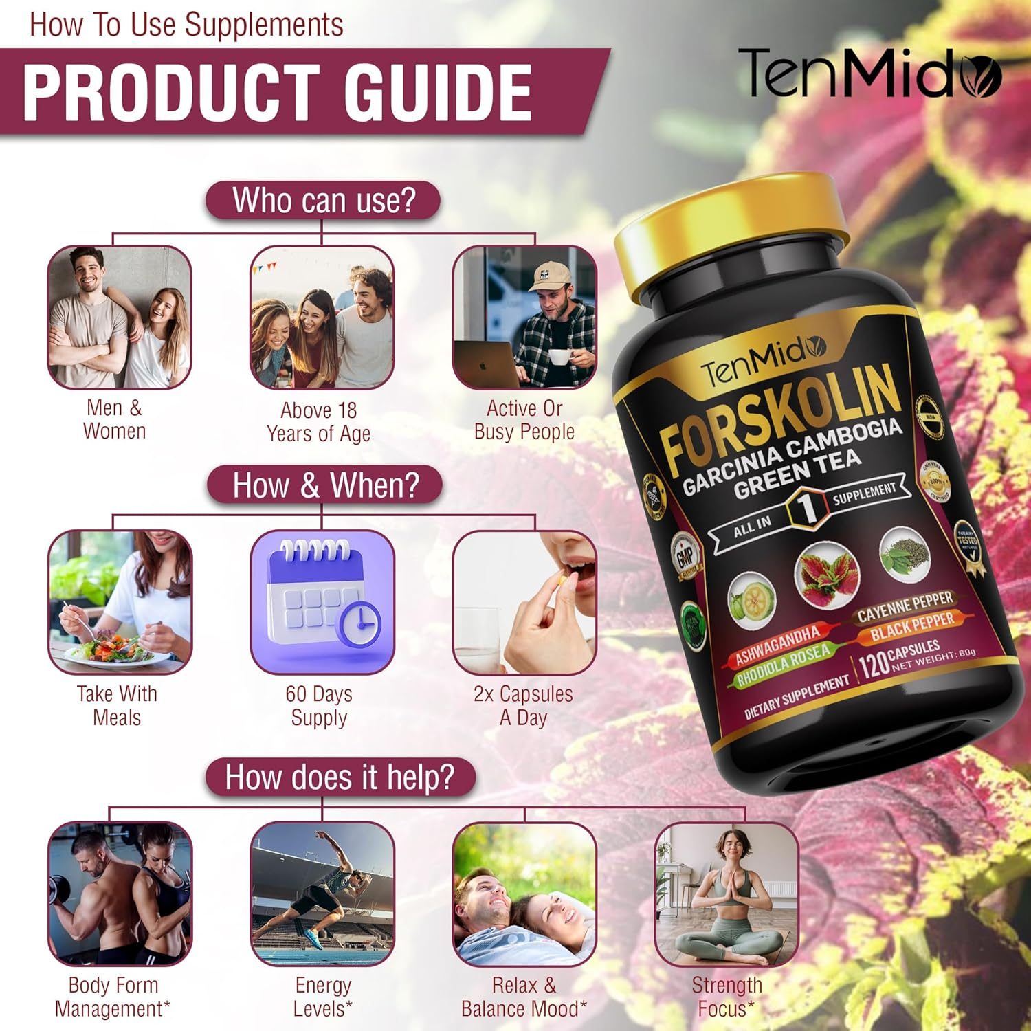 Forskolin Supplement with Garcinia Cambogia, Green Tea, Ashwagandha, Rhodiola, Cayenne & Black Pepper - 120 Non-Gmo, Vegan Capsules image number 6