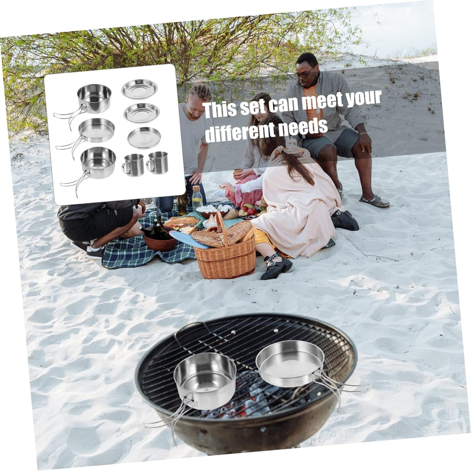 Camping Cookware 8-Piece Set Outdoor Cooking Utensils Portable Picnic Pan Set