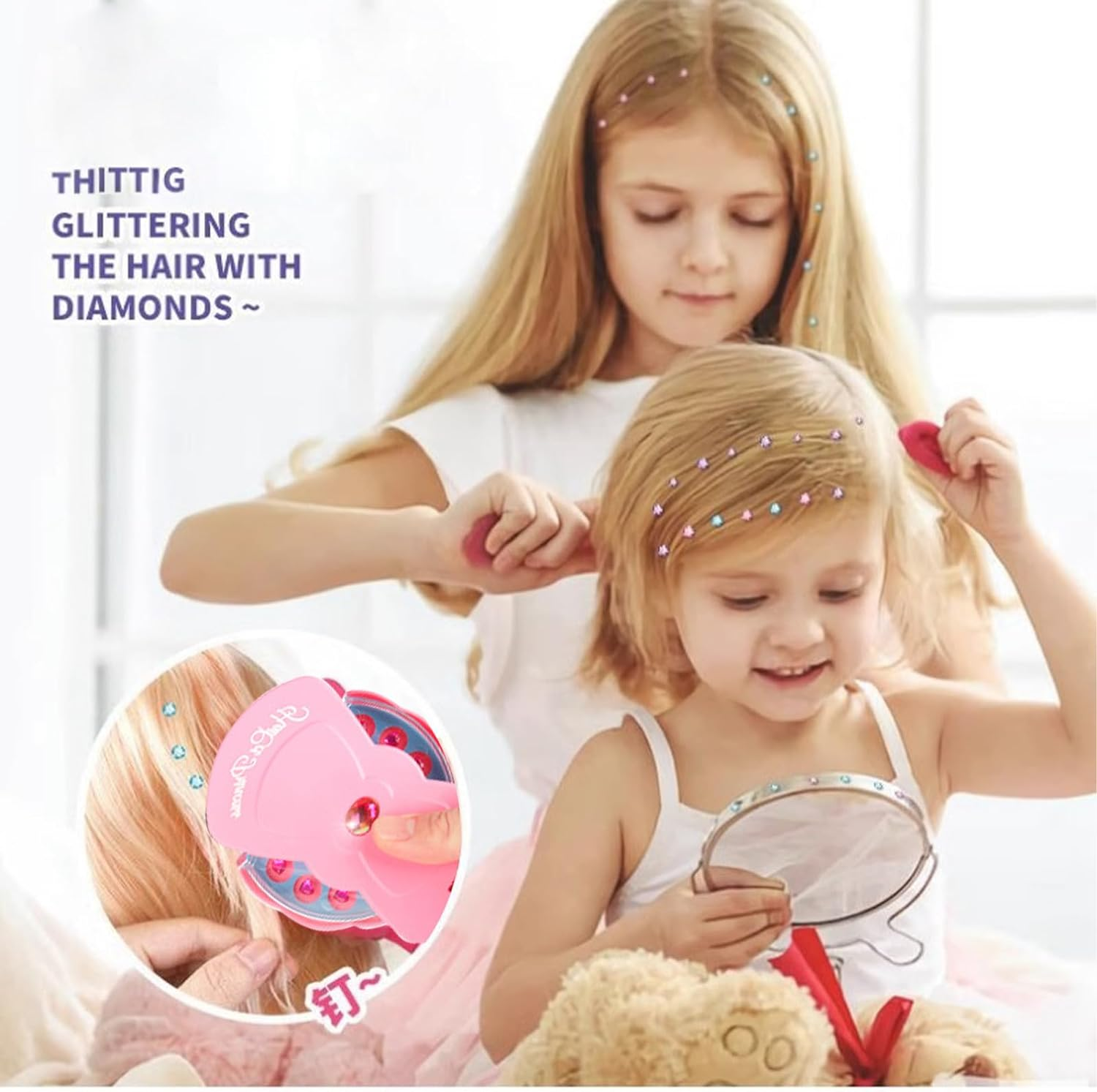 Hair Kit with Rhinestones, Hair Bling Gems for Girls, Bling Bling Hair Gem Stamper with 180 Gems,Diamonds Stapler Tool for Hair（Pink） image number 2