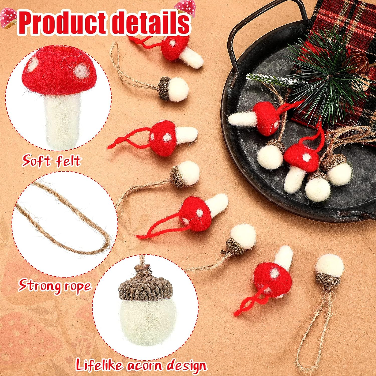 20 Pieces Christmas Felt Acorn Ornaments Wool Felt Acorns Tree Hanging Ornaments with Rope, 10 Pieces Christmas Mushroom Hanging Ornaments for Fall Thanksgiving Christmas Tree Wall Home Decor image number 4